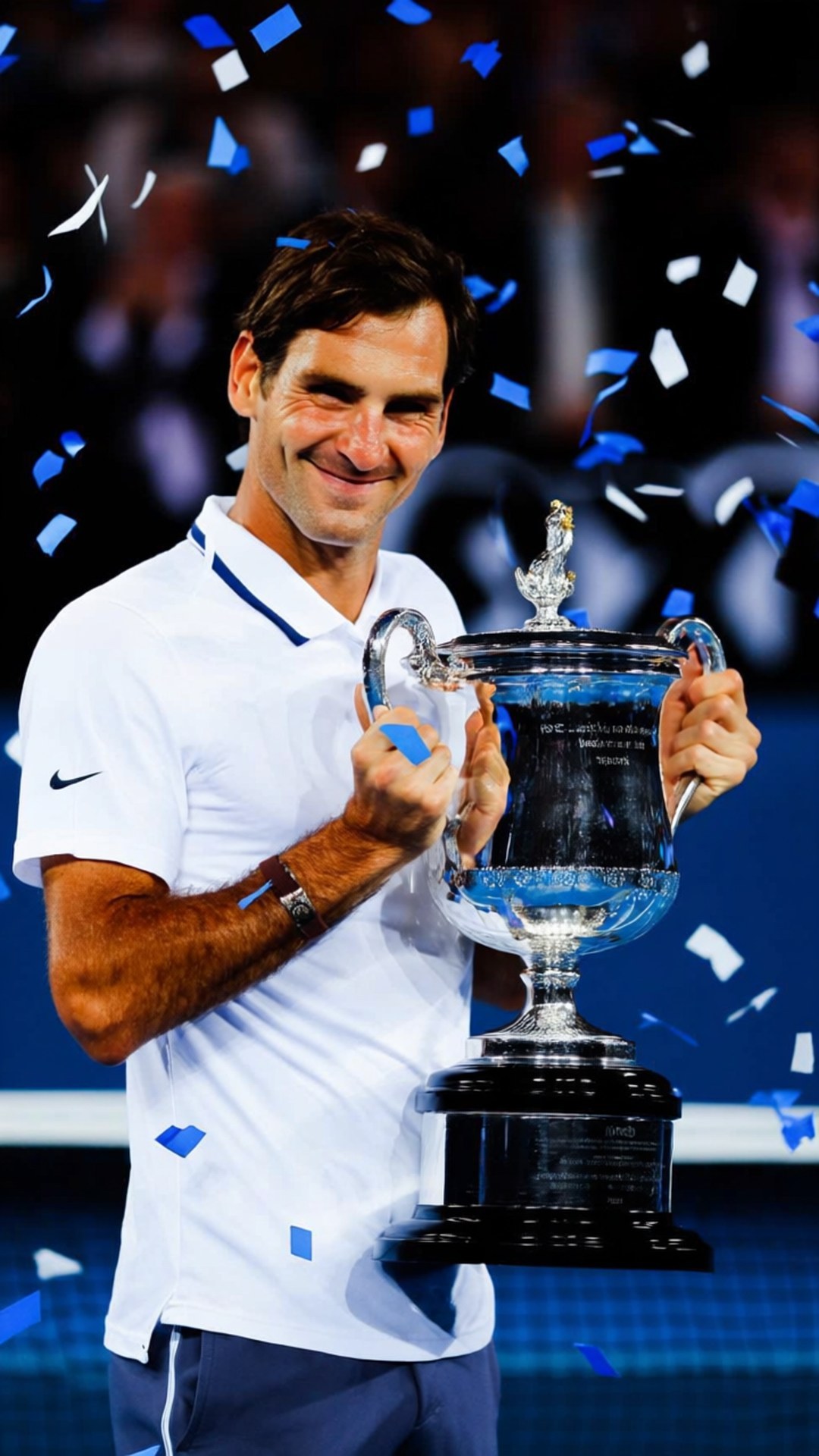 Australian Open Glory 壁紙 — 羅傑·費德勒笑容滿面，手持一個大型銀色網球獎盃，藍色和白色的紙屑在他周圍飄落。