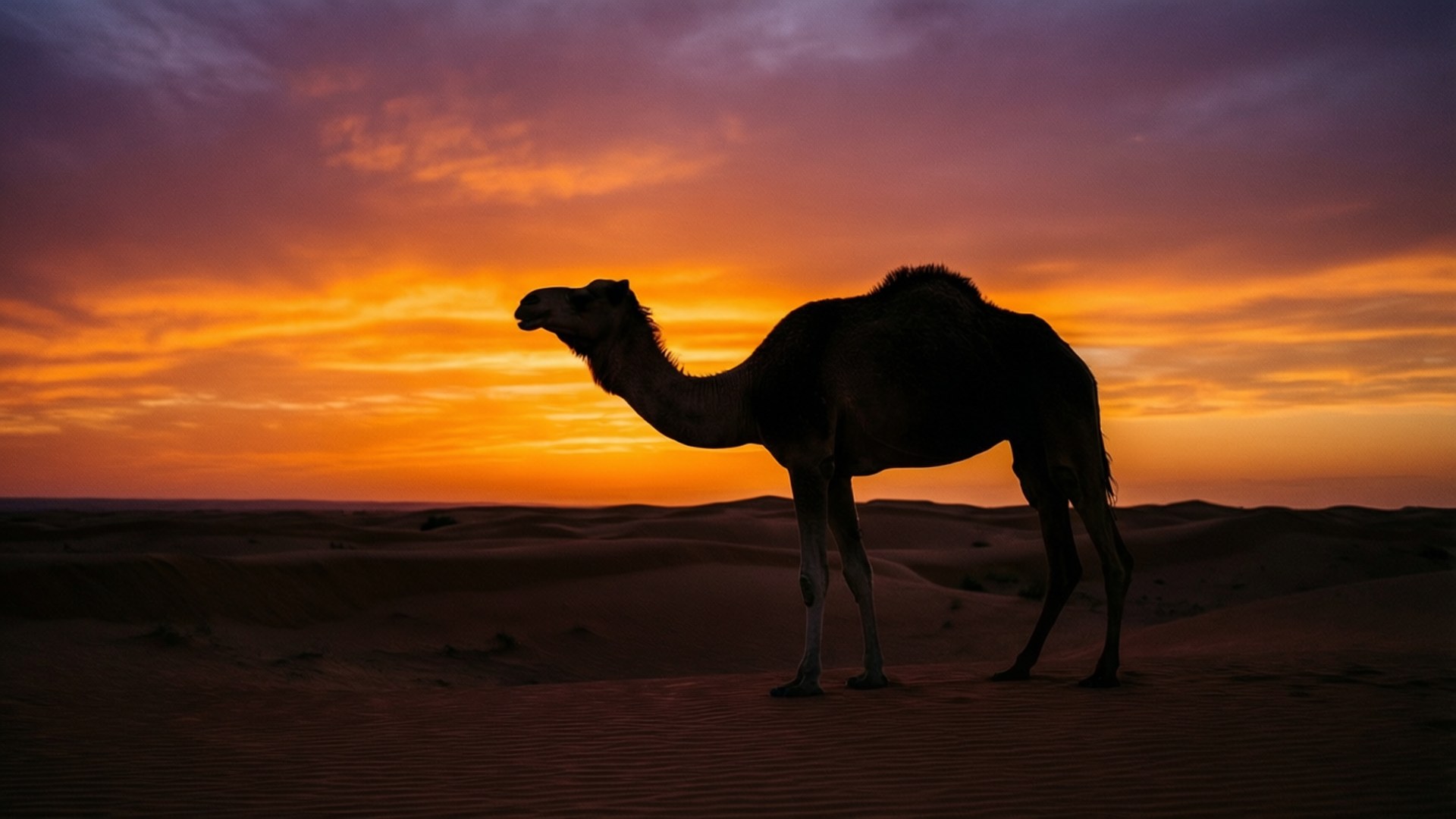 Desert Sunset Silhouette 壁紙 — 一頭孤獨的駱駝在起伏的沙漠沙丘上，以火紅橙色和紫色的日落為背景，形成剪影。