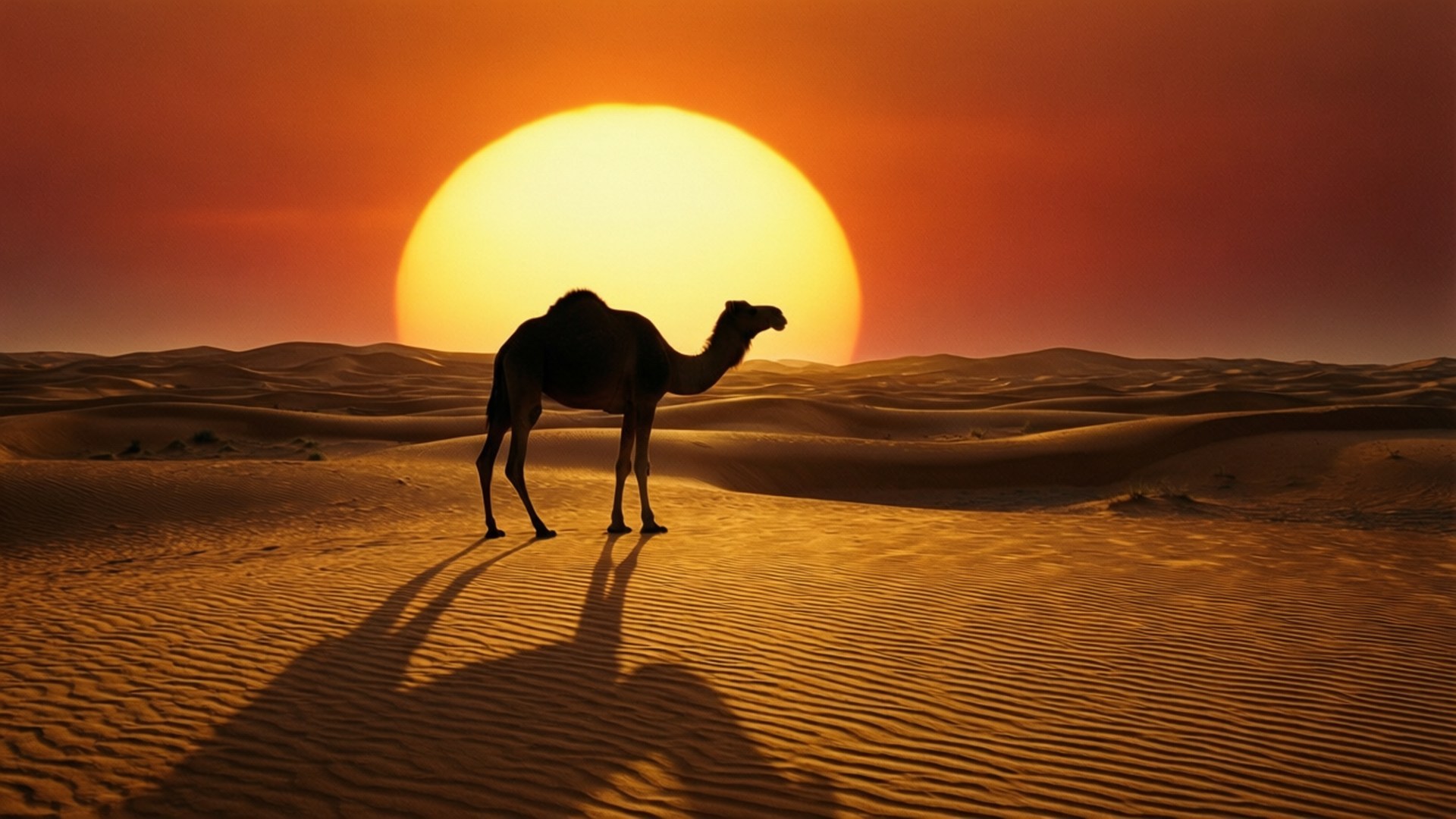Lone Camel Sunset 壁紙 — 一頭孤獨的駱駝在波紋狀的沙漠沙丘上形成剪影，巨大的橙色太陽在其後落下，投下長長的影子。