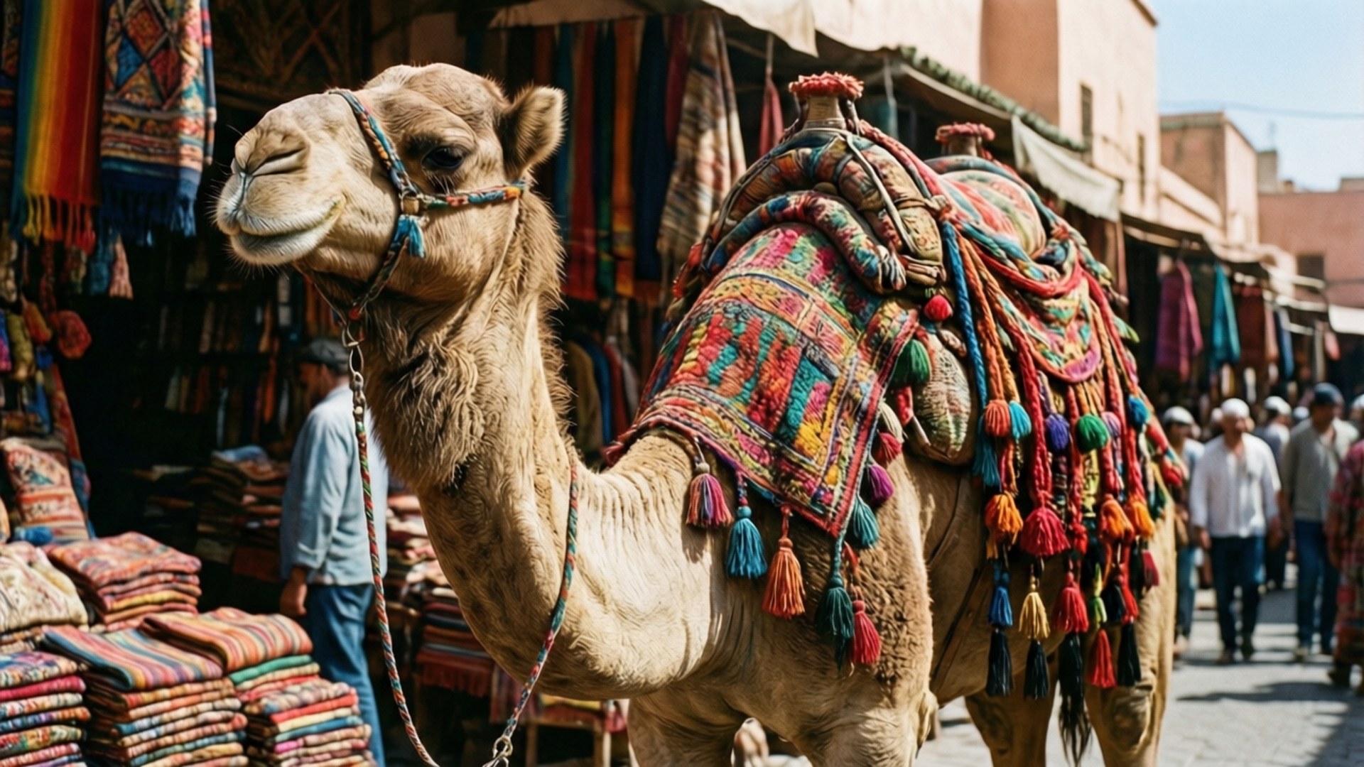 Colorfully Decorated Camel 壁紙 — 一頭駱駝裝飾著色彩繽紛的圖案鞍座和流蘇，站在一個熙熙攘攘的市場中，兩旁是充滿活力的紡織品和陶土建築。