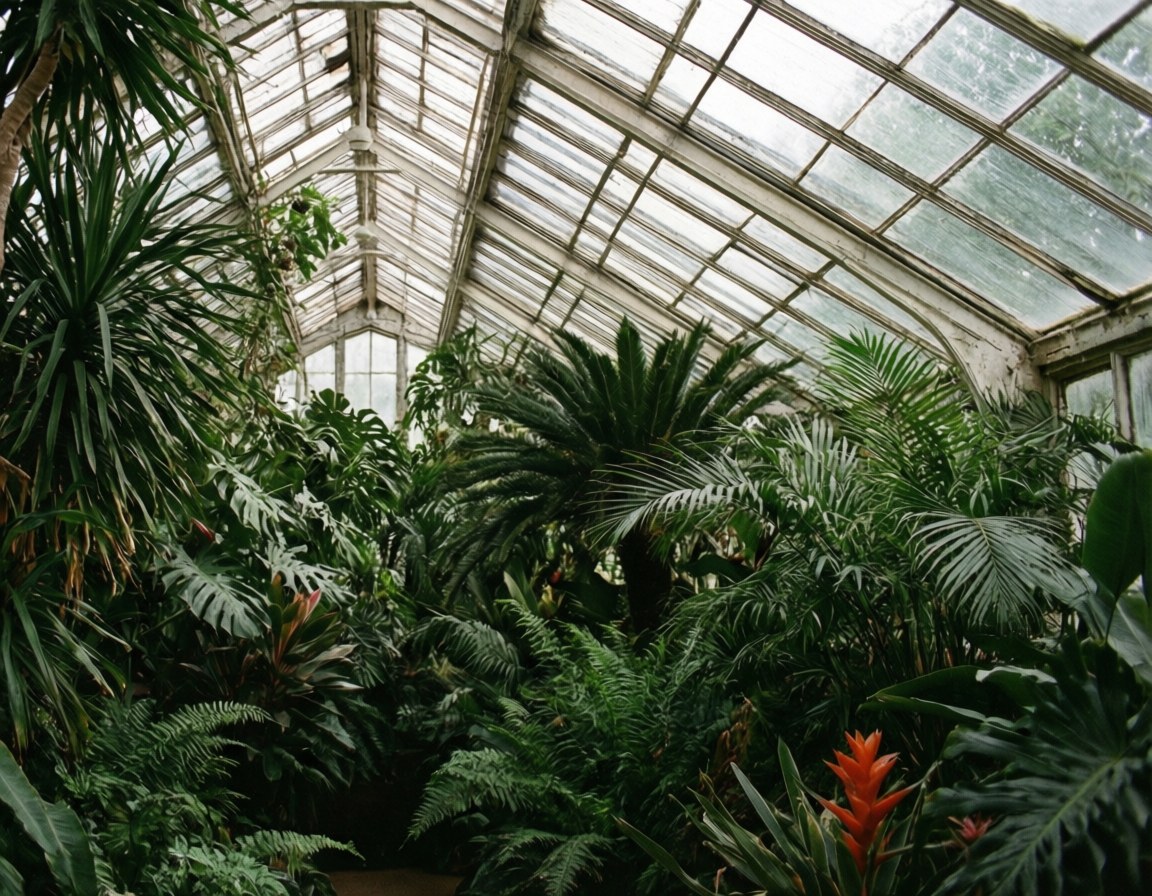 Hortus Botanicus Greenhouse 壁紙 — 茂盛的熱帶植物在復古溫室的玻璃屋頂下茁壯成長，金屬框架已風化。