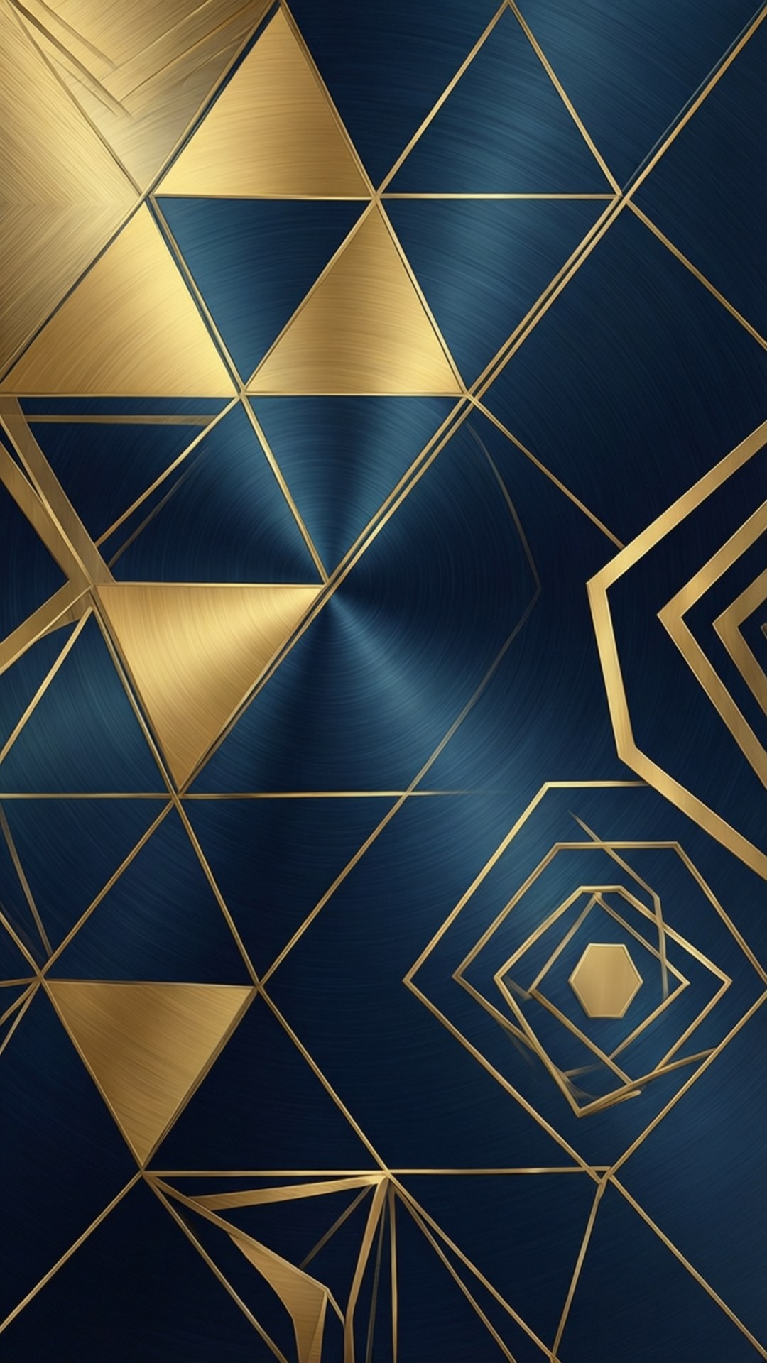 Gold Geometric Abstraction 壁紙 — 在深海軍藍背景上，由拉絲金三角形和六邊形組成的豪華抽象圖案。