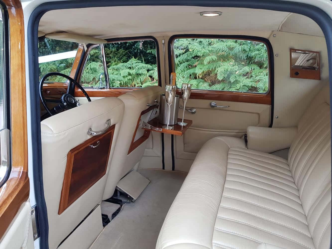 Bentley Mark Vi 桌布 壁紙 — 復古車的豪華奶油色皮革和木質內裝，側桌上放有香檳杯，窗外佈滿蕨類植物。