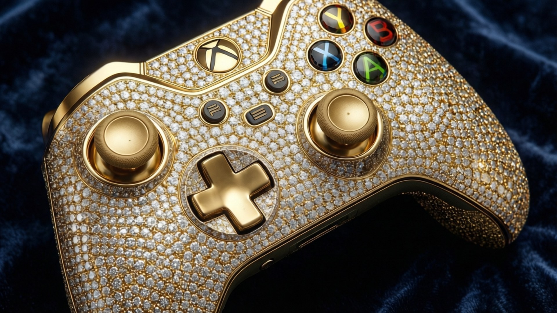 Gold Diamond Xbox Controller 壁紙 — 一個豪華的鑲鑽金色 Xbox 控制器放在深藍色天鵝絨表面上。