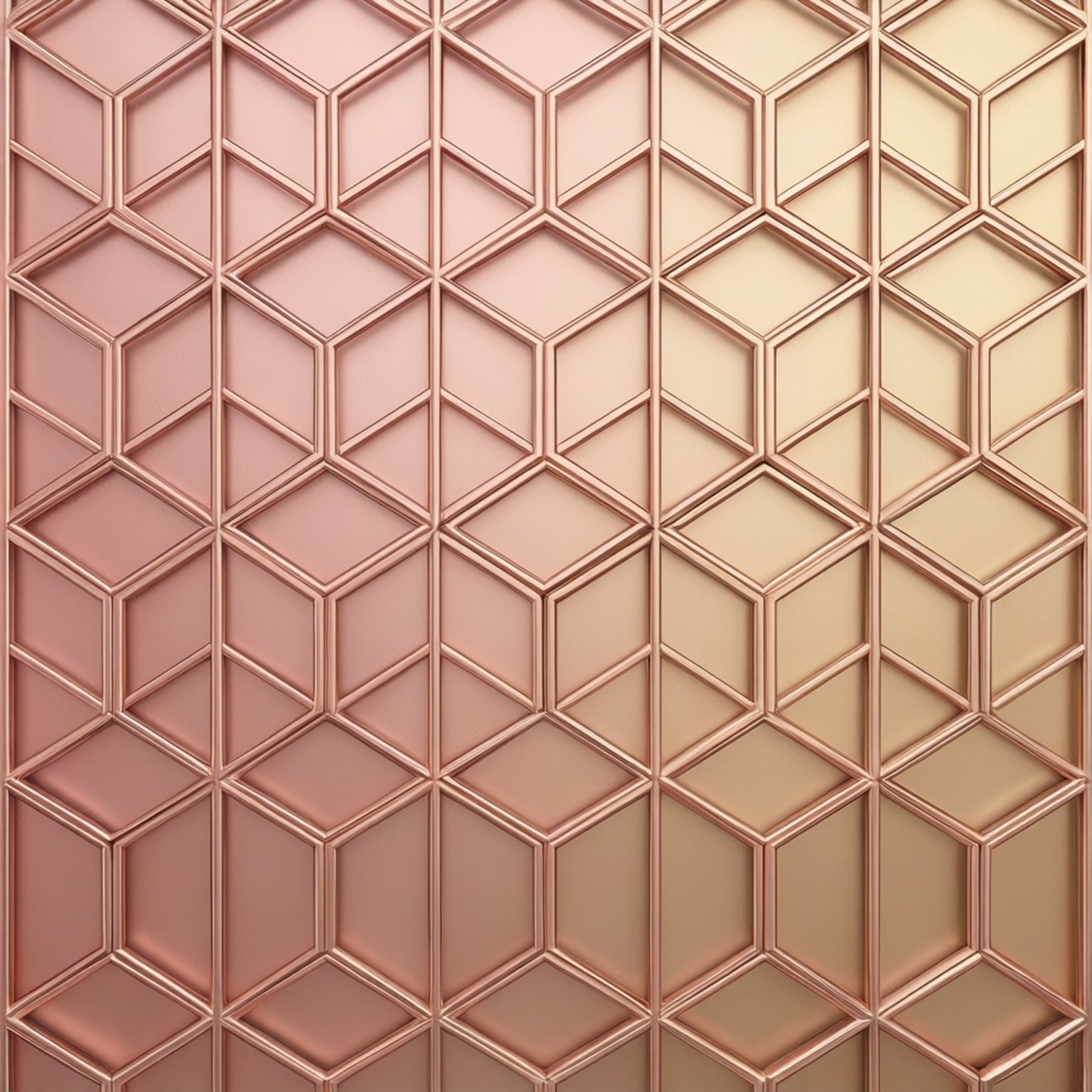 Hexagon Hues 壁紙 — 奢華的玫瑰金幾何壁紙，帶有重複的鑽石圖案和柔和漸變陰影。