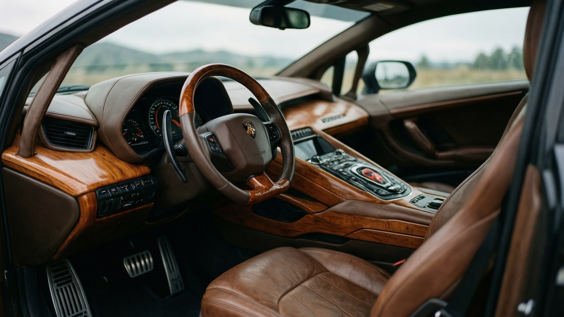 Luxury Interior Detail 壁紙 — 豪華車內裝，配有豐富的棕色皮革座椅和木飾，展示高端儀表板和方向盤。