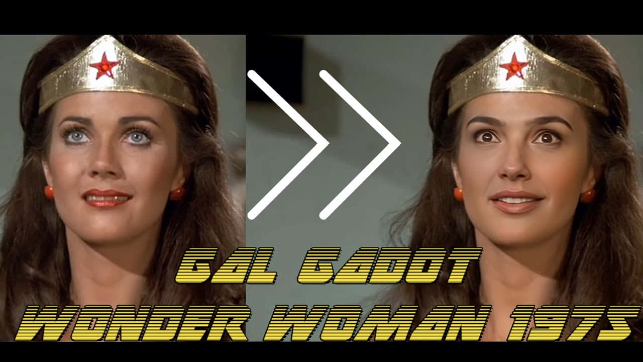神力女超人 桌布 壁紙 — Lynda Carter 和 Gal Gadot 分別在 1975 年和 2017 年飾演神力女超人的並排比較，帶有白色箭頭和粗體黃色文字。