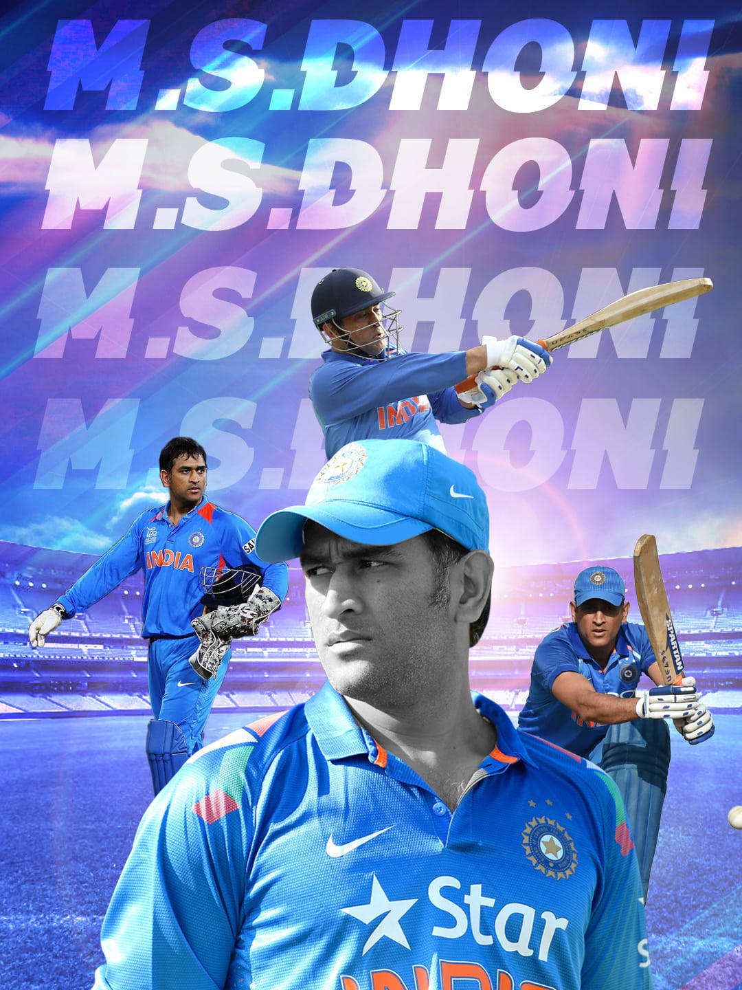 M.S. Dhoni 身穿板球制服，多個動作姿勢和發光文字背景。 — 達竇高清壁紙 壁紙