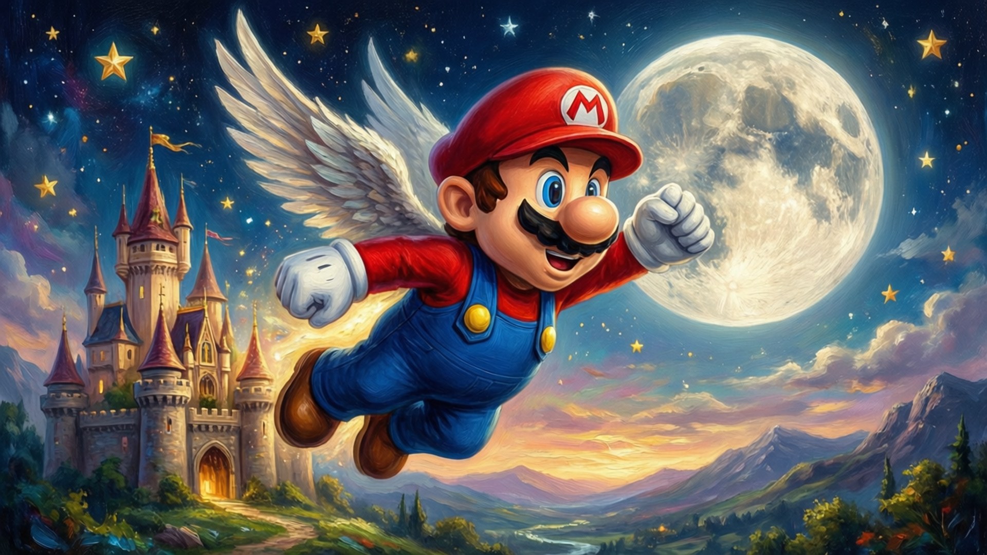 Mario Free 桌布 壁紙 — 瑪利歐帶著天使翅膀在星光月夜下快樂地飛過發光的城堡。