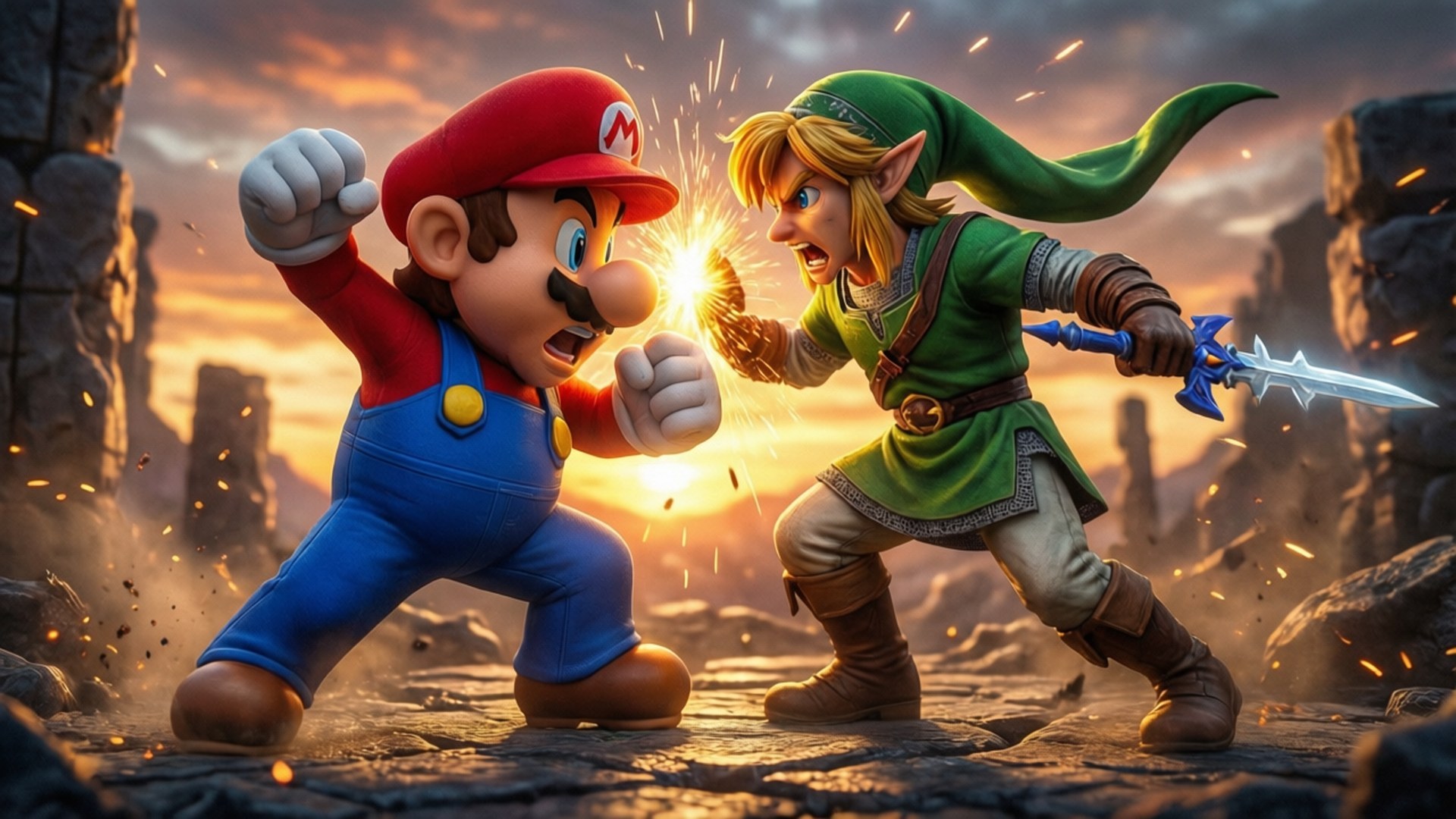 Mario vs Link Showdown 壁紙 — 瑪利歐和林克在夕陽下古老的石頭廢墟中拳頭相撞，展開一場激烈的對決。