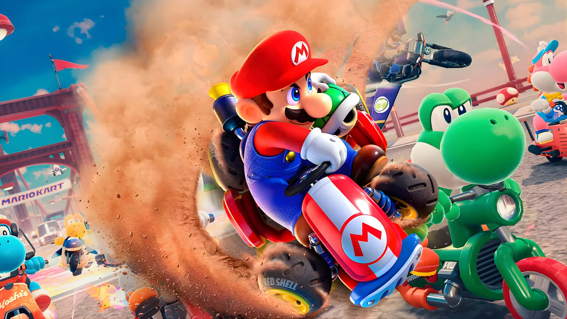 瑪利歐和耀西在塵土飛揚且色彩繽紛的Mario Kart比賽中駕駛卡丁車。 — 馬力歐卡丁車 壁紙