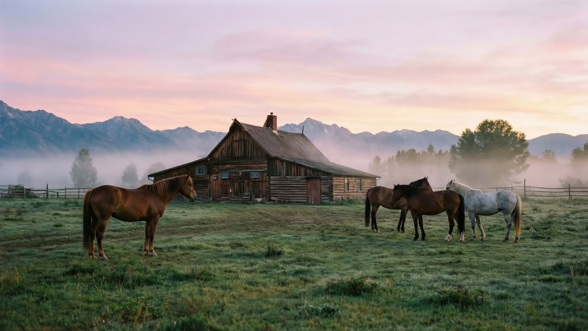 Ranch House at Dawn 壁紙 — 馬匹在霧氣瀰漫的田野中吃草，前面是一座質樸的木屋，山巒在黎明天空中閃耀。