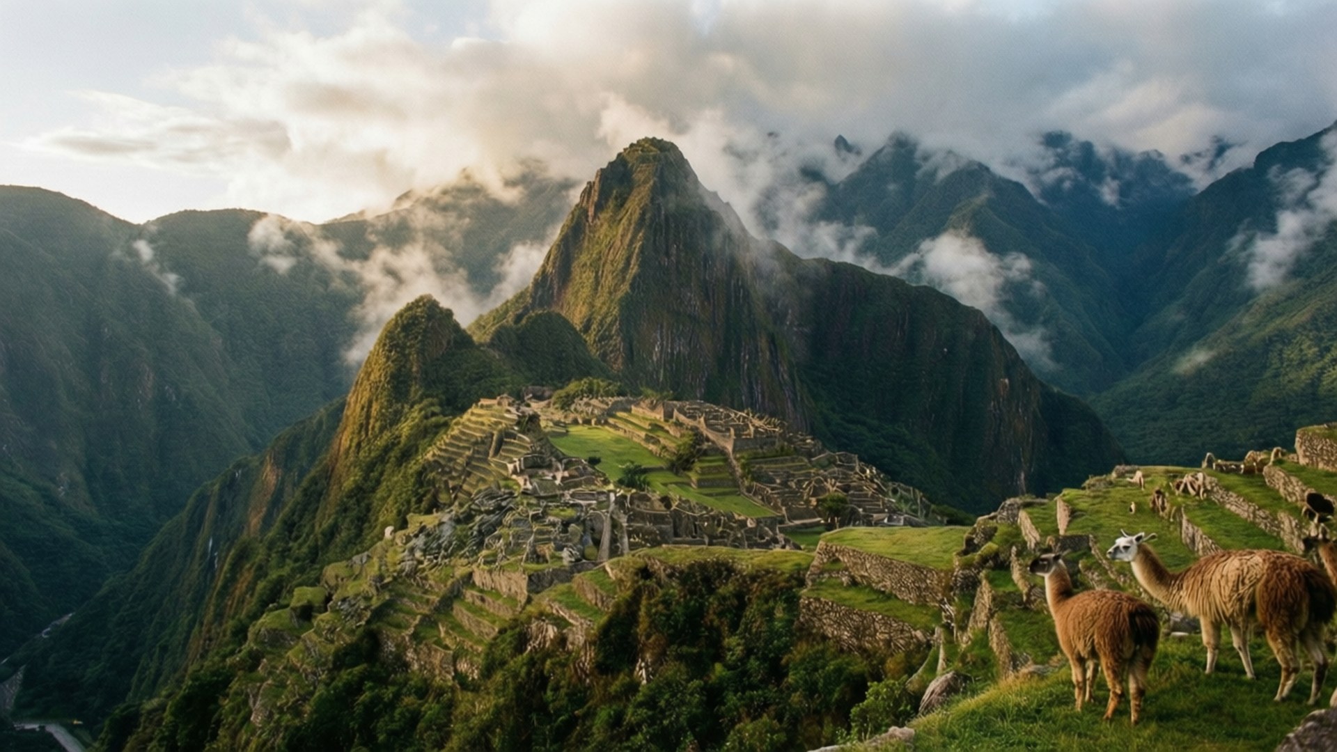 Misty Machu Picchu 壁紙 — 馬丘比丘的古老石遺跡依附在霧氣籠罩的山脊上，前景中有羊駝在吃草。