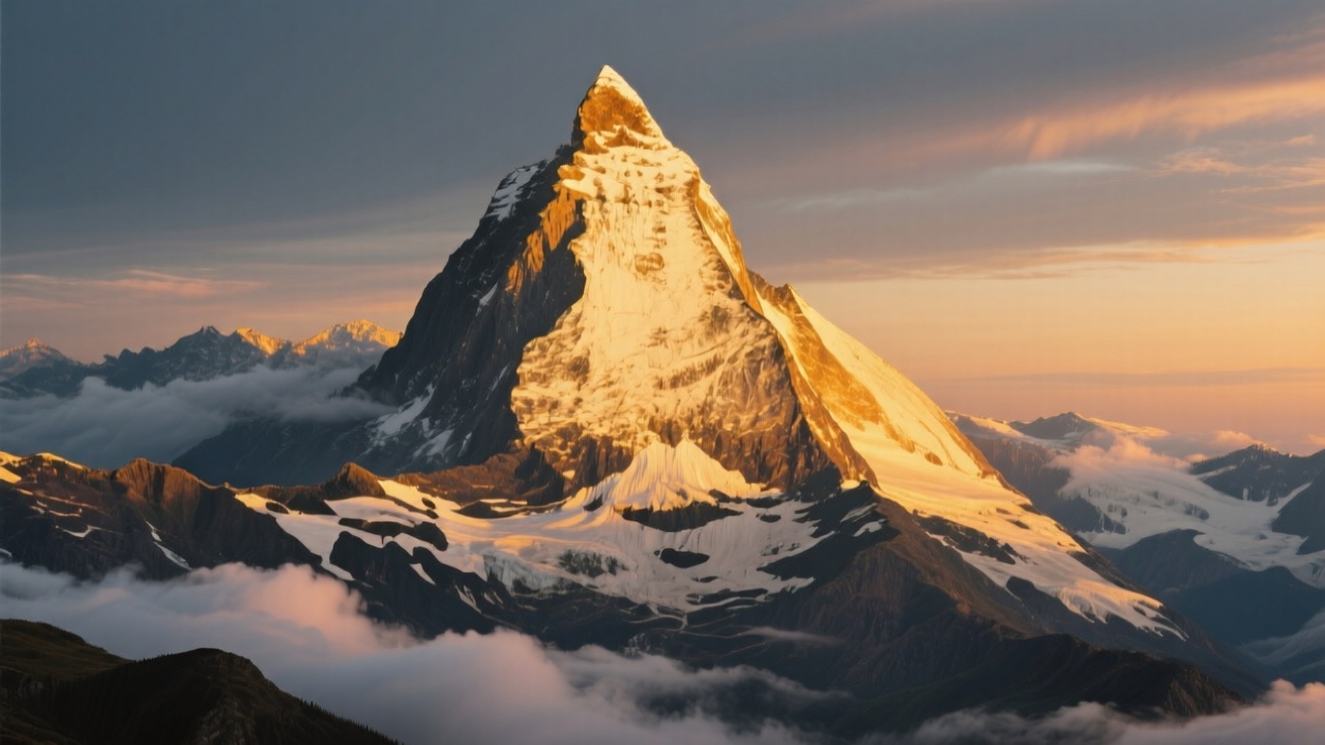 Peak of Excellence 壁紙 — 馬特洪峰的山峰在金色日落天空和下方翻滾的雲層中 sharply 突出。