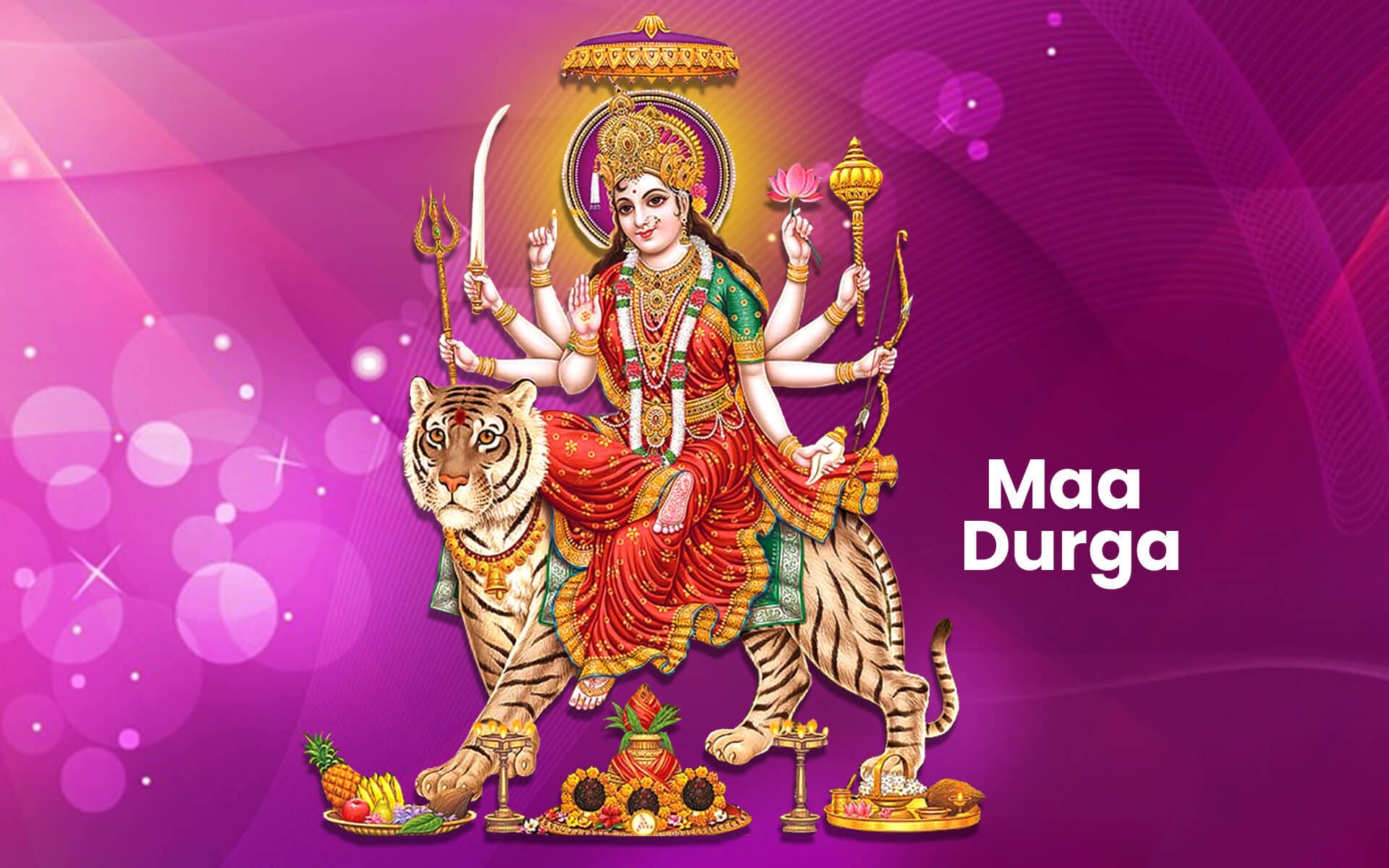 Indian 桌布 壁紙 — Maa Durga 騎著老虎，手持武器，背景是帶有散景燈光和供品的耀眼紫色背景。