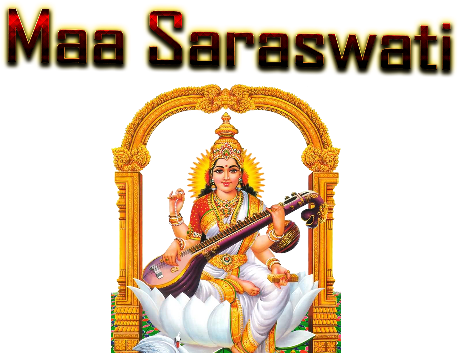 薩拉斯瓦蒂 桌布 壁紙 — Maa Saraswati 女神坐在白色蓮花上，手持維納琴，位於金色拱門內，背景為黑色。