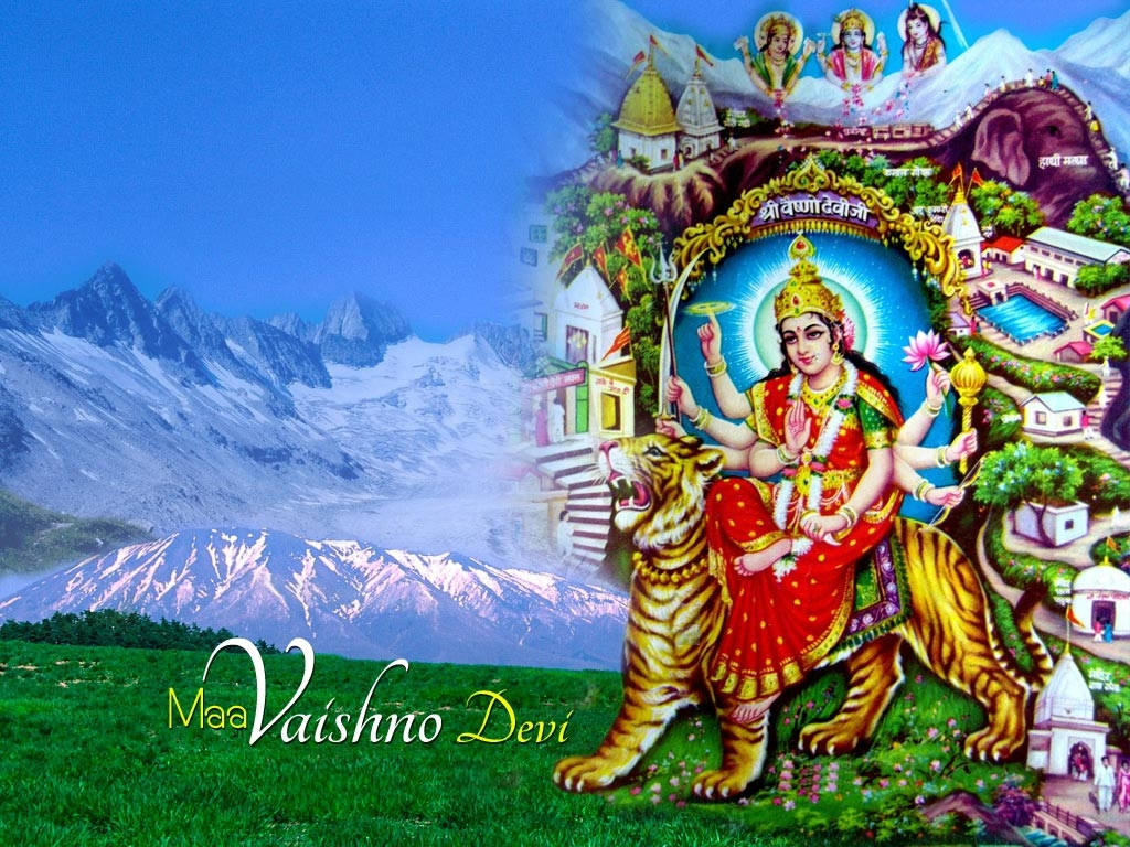 Vaishno Devi 桌布 壁紙 — Maa Vaishno Devi 騎著老虎，在白雪覆蓋的山脈和寺廟建築群中，天空清澈湛藍。