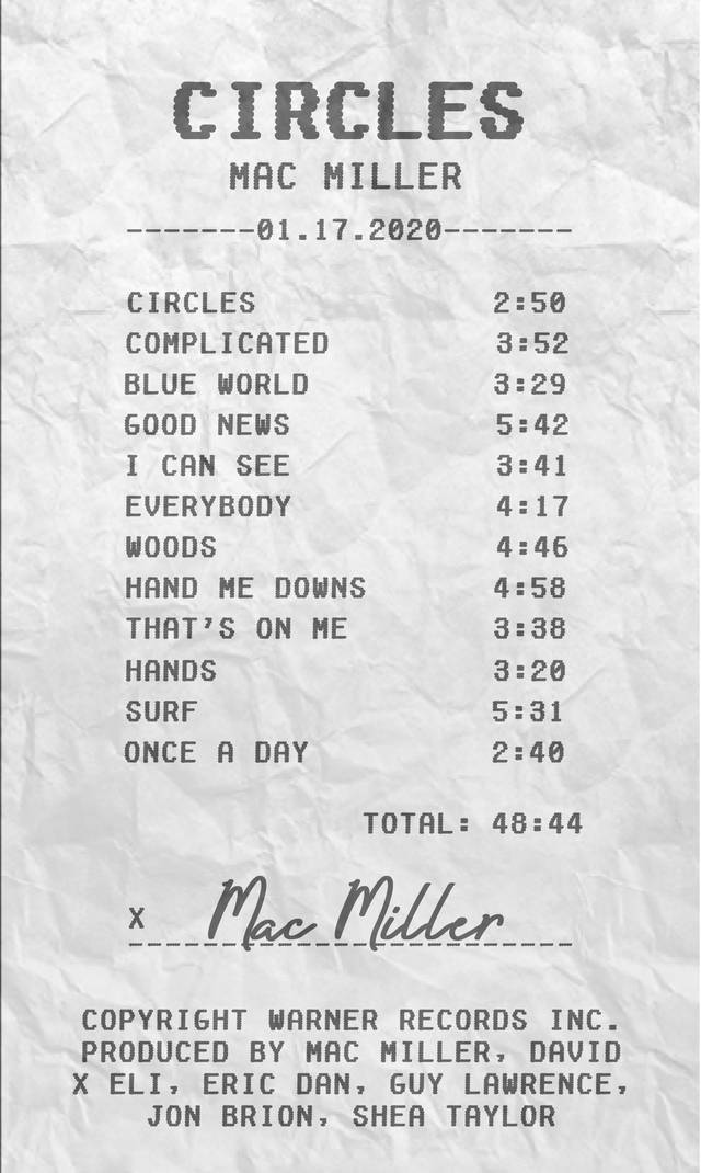 Sales 桌布 壁紙 — Mac Miller《Circles》的皺紙專輯曲目列表，歌曲名稱和時間戳以像素字體顯示。