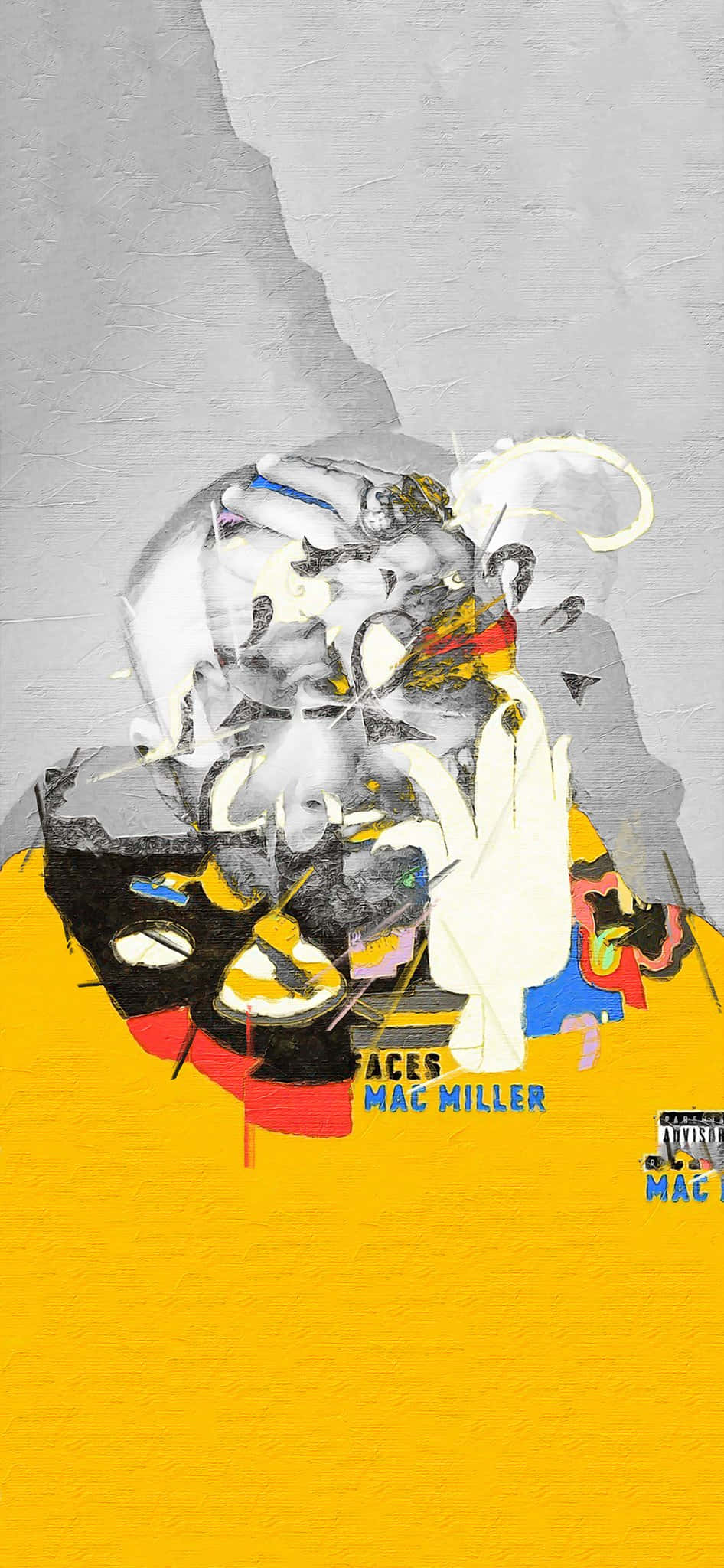 Hip Hop Album Covers 桌布 壁紙 — Mac Miller 的風格化抽象肖像，具有碎片化的面部特徵和鮮豔的色彩，背景為紋理灰色和黃色。