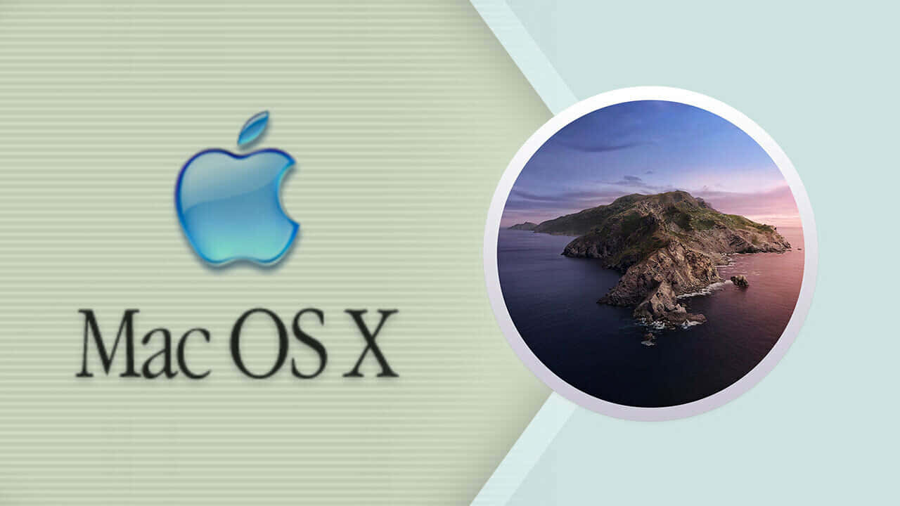 Mac 桌布 壁紙 — Mac OS X 標誌旁邊有一個圓形插入圖，顯示岩石島嶼在日落時分平靜的水面上。