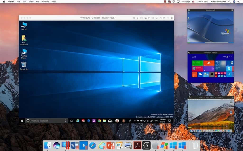 Windows Computer 桌布 壁紙 — Mac 桌面顯示多個 Windows 作業系統版本並排，背景為山景日落。