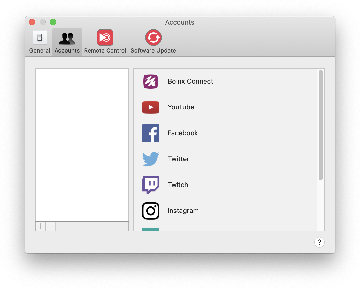 Gmail 動圖 桌布 壁紙 — Mac 系統偏好設定視窗，顯示 Boinx Connect YouTube Facebook Twitter Twitch 和 Instagram 的帳戶。