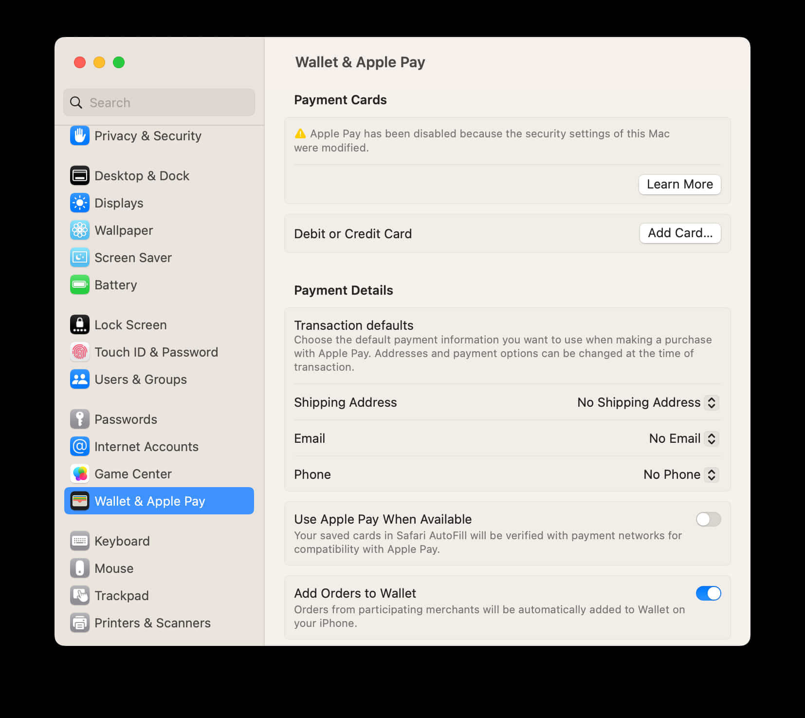Smartphone 桌布 壁紙 — Mac 系統設定視窗顯示 Wallet 和 Apple Pay 選項，Apple Pay 已停用且沒有已儲存的卡片。