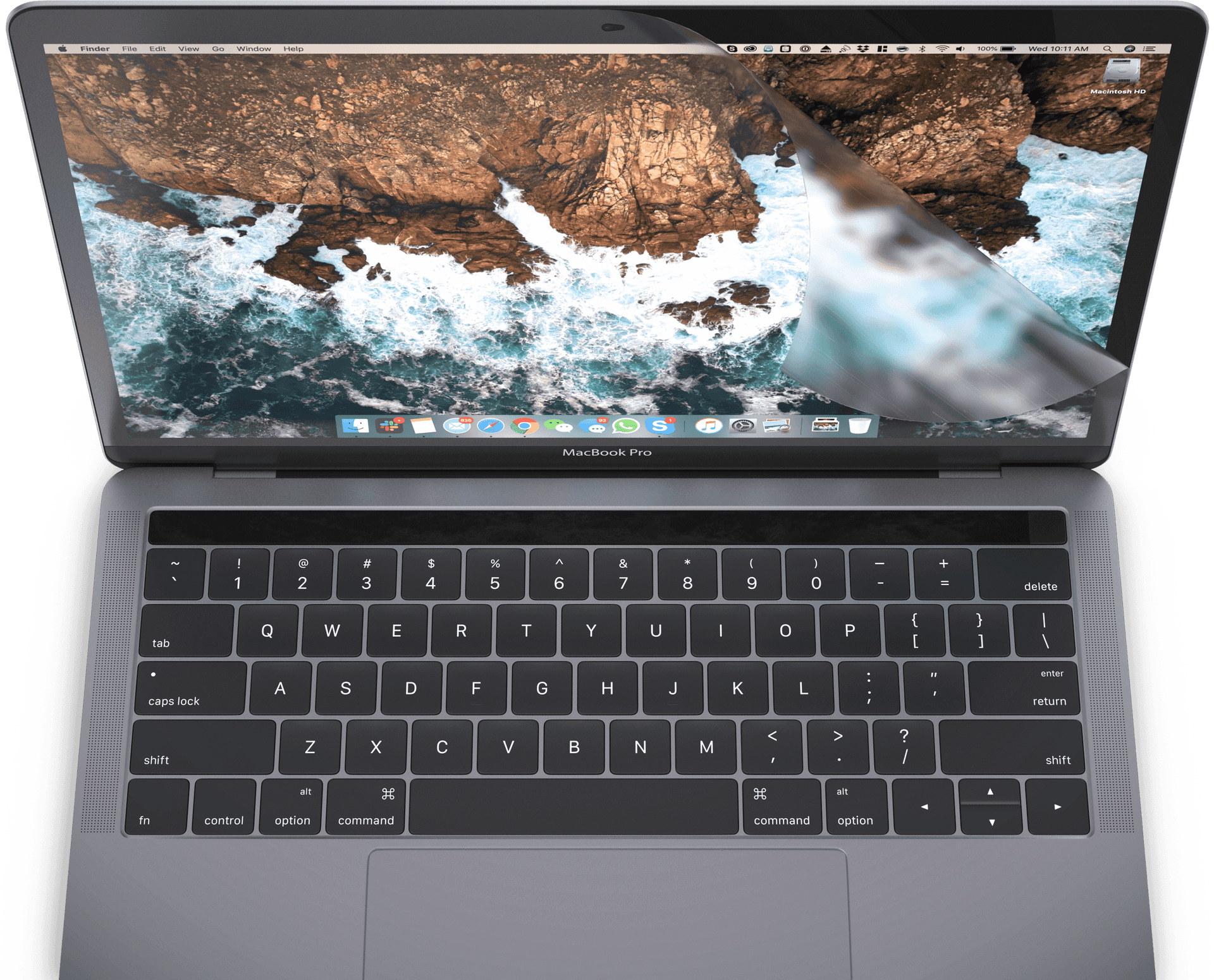 MacBook Pro 筆記型電腦顯示帶有海浪拍打的海岸海洋壁紙。 — Macbook Pro 壁紙
