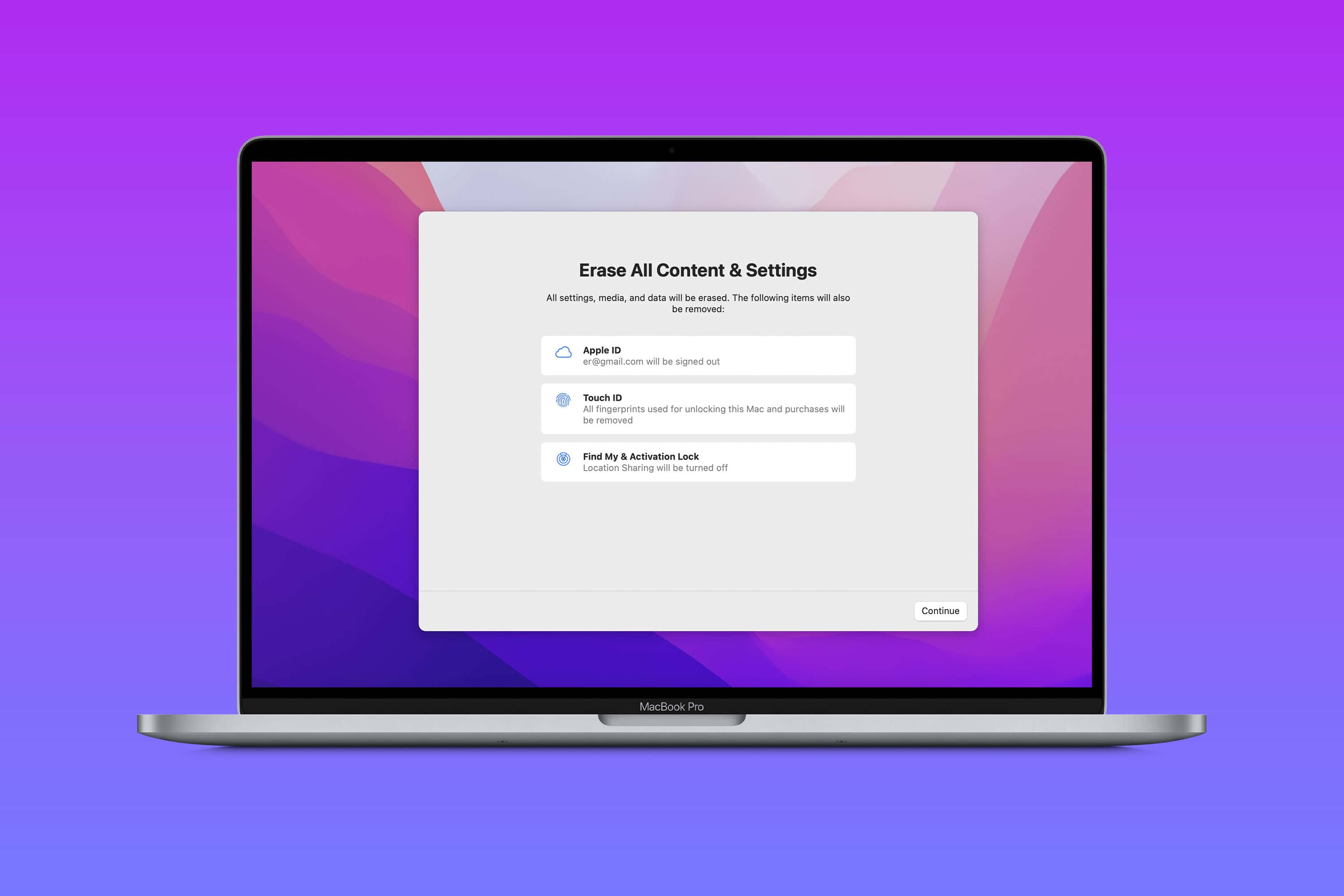 MacBook 動態圖片 桌布 壁紙 — MacBook Pro 在充滿活力的紫色漸變背景上顯示「清除所有內容與設定」對話框。