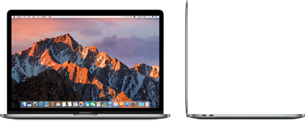剪貼畫 桌布 壁紙 — MacBook Pro 顯示出雄偉的雪山山脈，在溫暖的日落光芒中沐浴，襯托著紫色的天空。