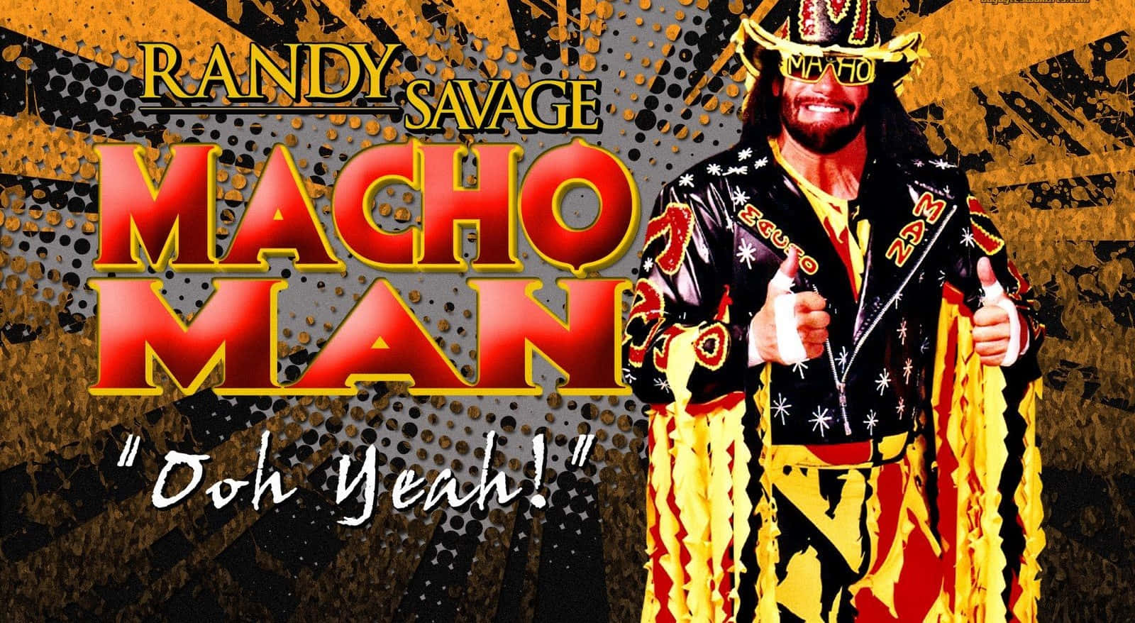 WWE 桌布 壁紙 — Macho Man Randy Savage 身穿標誌性的黃黑摔角裝備，在醒目的圖形背景前豎起兩個大拇指。
