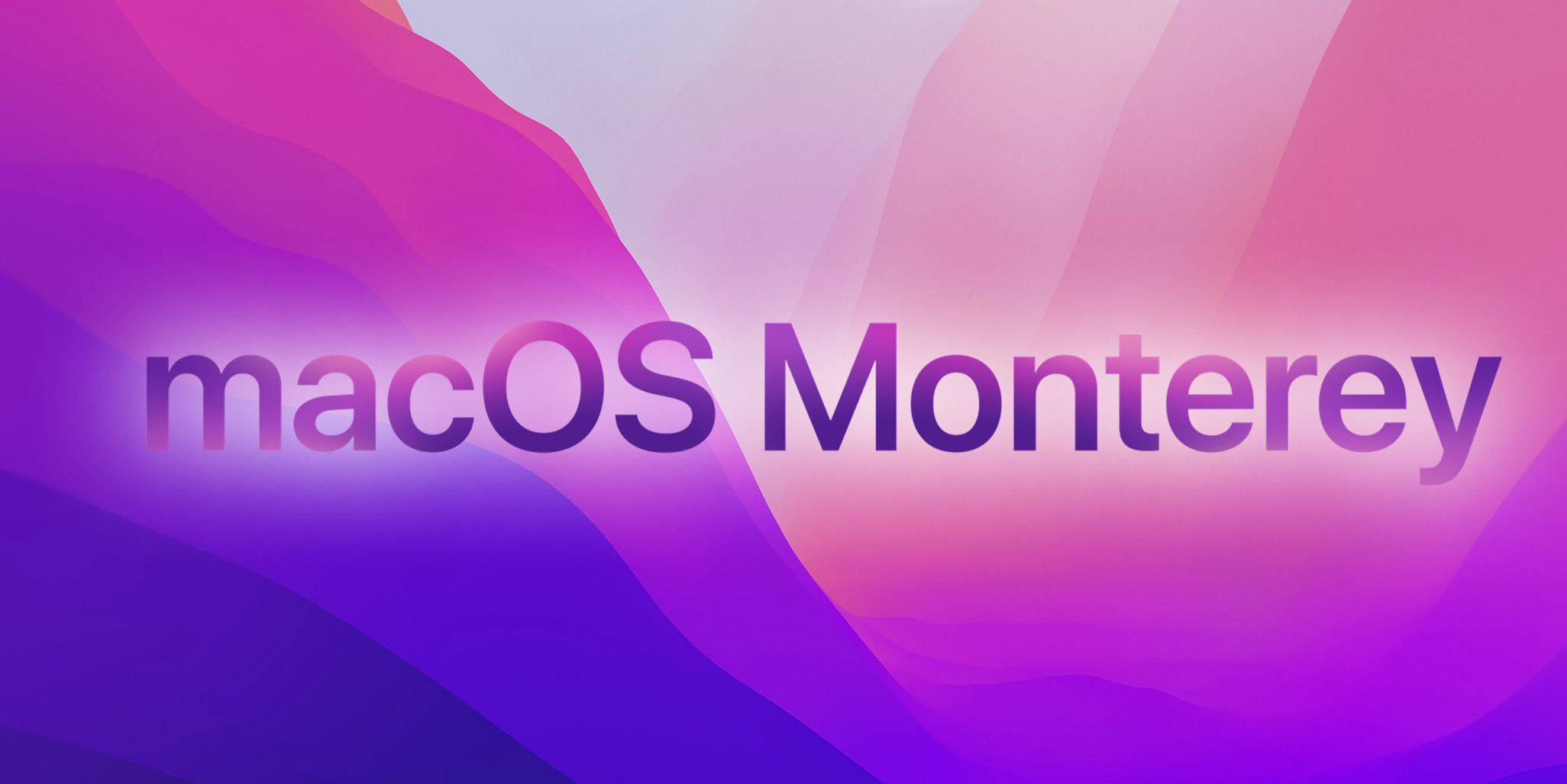 Monterey 桌布 壁紙 — macOS Monterey 標誌居中於紫色、粉紅色和洋紅色抽象形狀的流動漸變上。