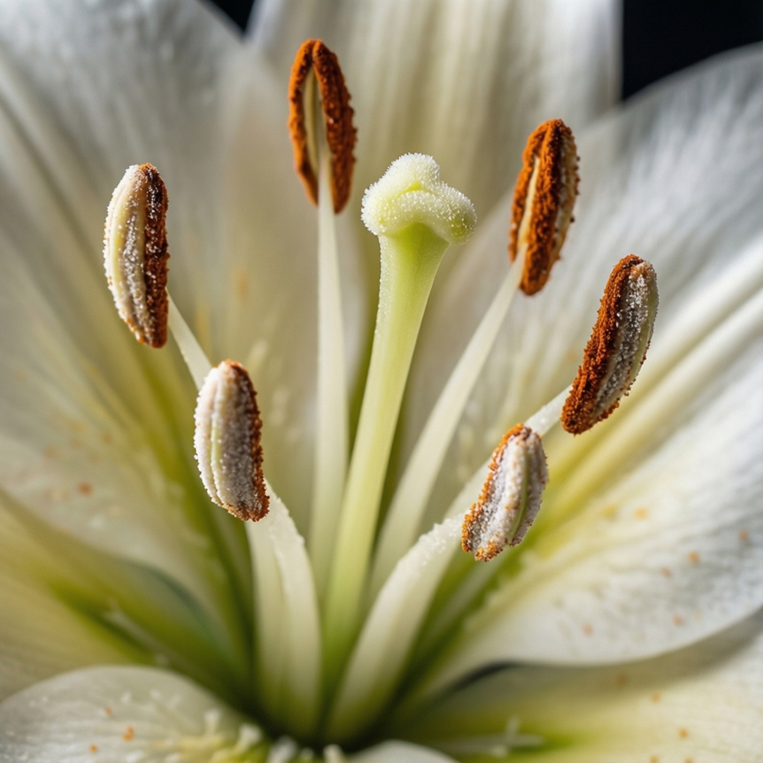 Lily Intimate Macro 壁紙 — 白色百合花中心的微距視圖，顯示覆蓋花粉的雄蕊和柔軟花瓣上的模糊柱頭。