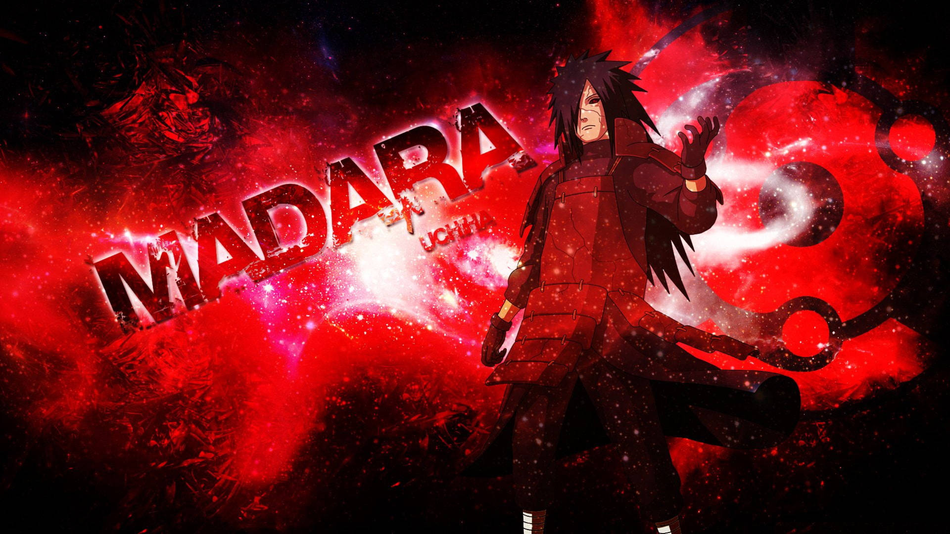 動漫角色 Madara Uchiha 在紅色宇宙背景中，帶有發光的名字。 — 斑 GIF 壁紙