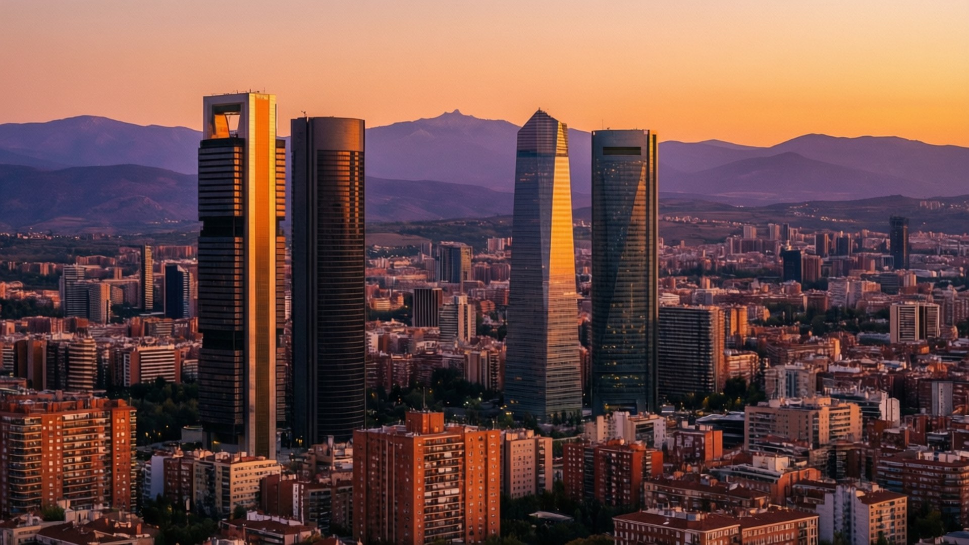Madrid Skyline Sunset 壁紙 — 夕陽將馬德里的天際線沐浴在溫暖的橙色中，現代摩天大樓聳立在密集的城市擴張之上，遠山籠罩在紫色薄霧中。