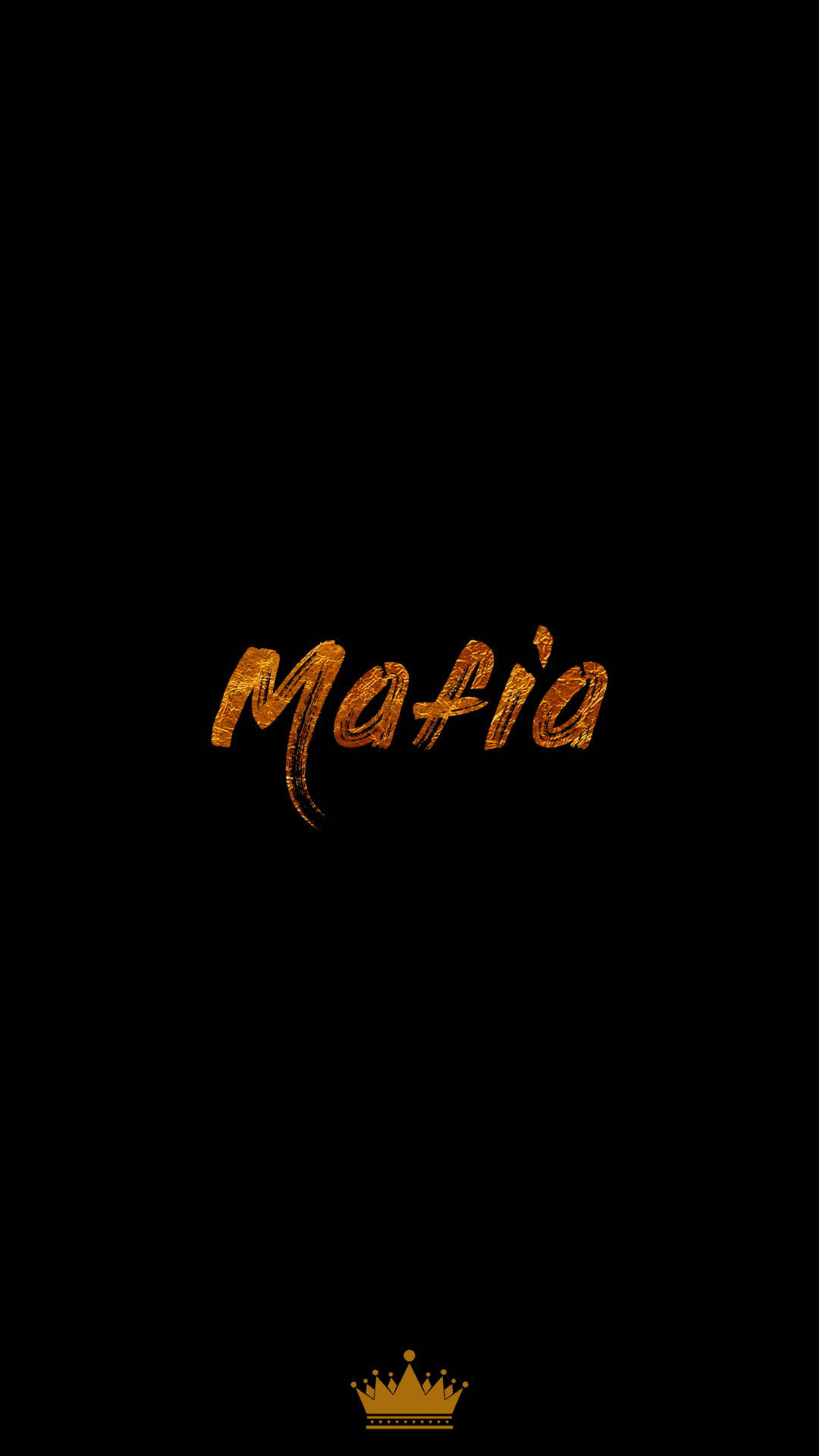 Mafia 桌布 壁紙 — 「Mafia」一詞以閃爍金色草書字體居中顯示在黑色背景上，下方有一個小皇冠圖示。