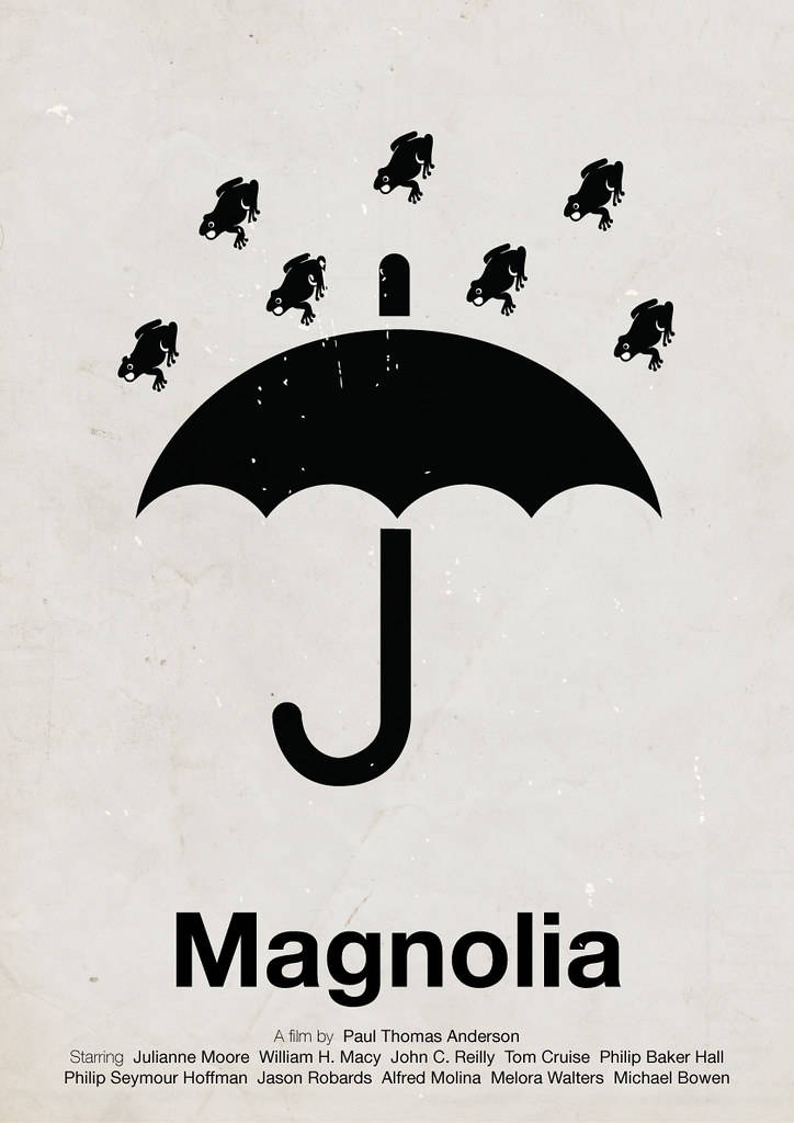 Umbrella 桌布 壁紙 — Magnolia 的極簡黑白海報，特色是雨傘傘面上棲息著青蛙，背景為有紋理的米白色。