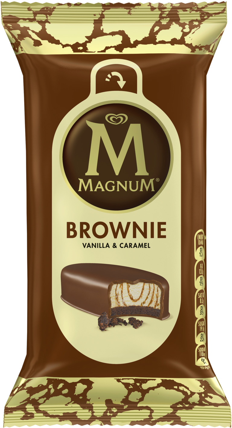 布朗尼 桌布 壁紙 — Magnum Brownie 香草焦糖冰淇淋棒包裝的特寫，帶有巧克力漩渦和一個咬痕，露出焦糖漩渦。