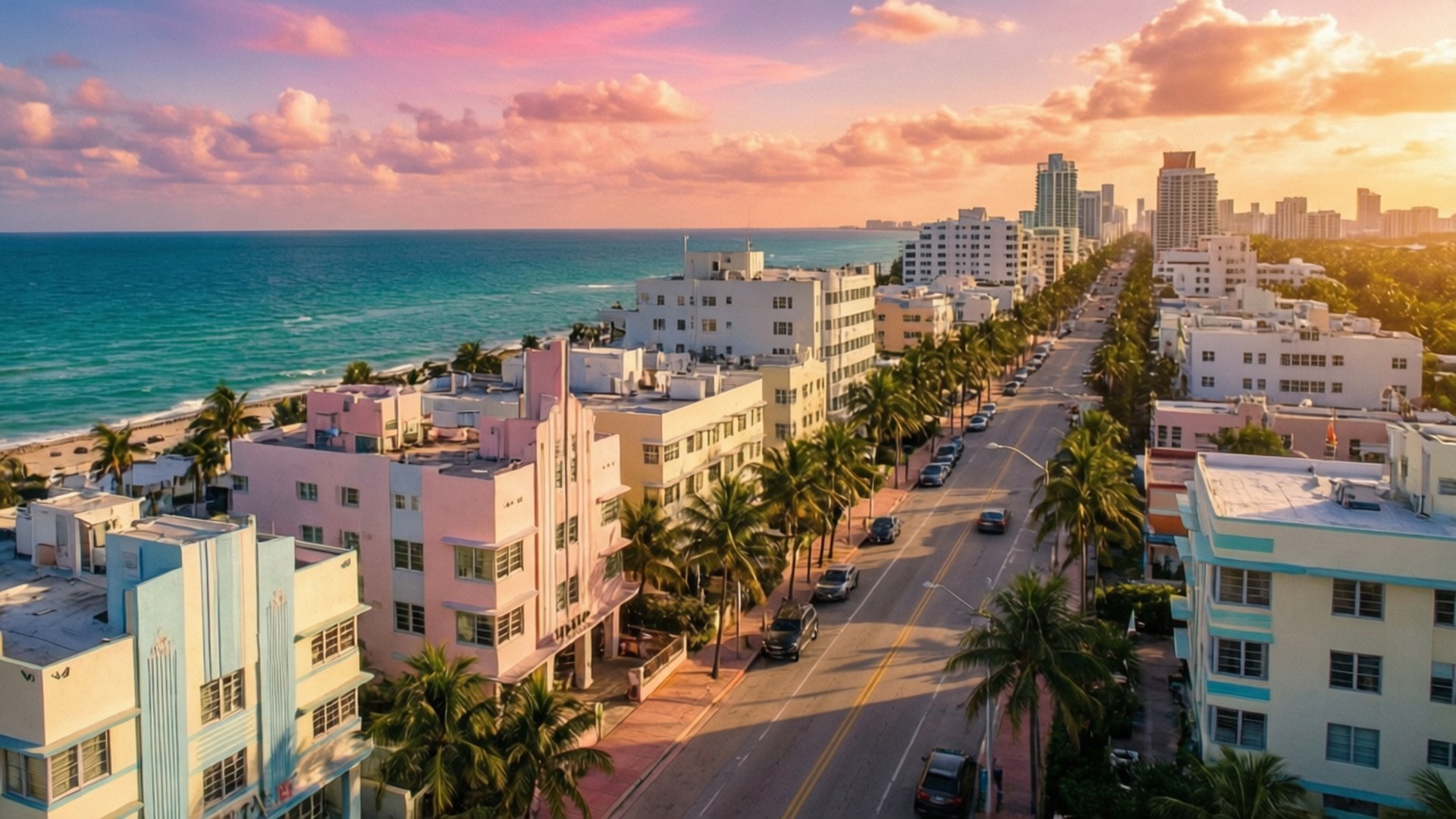 South Beach Golden Hour 壁紙 — 邁阿密海灘日落時的鳥瞰圖，粉橙色天空下，粉彩裝飾藝術建築、棕櫚樹和碧綠海洋。