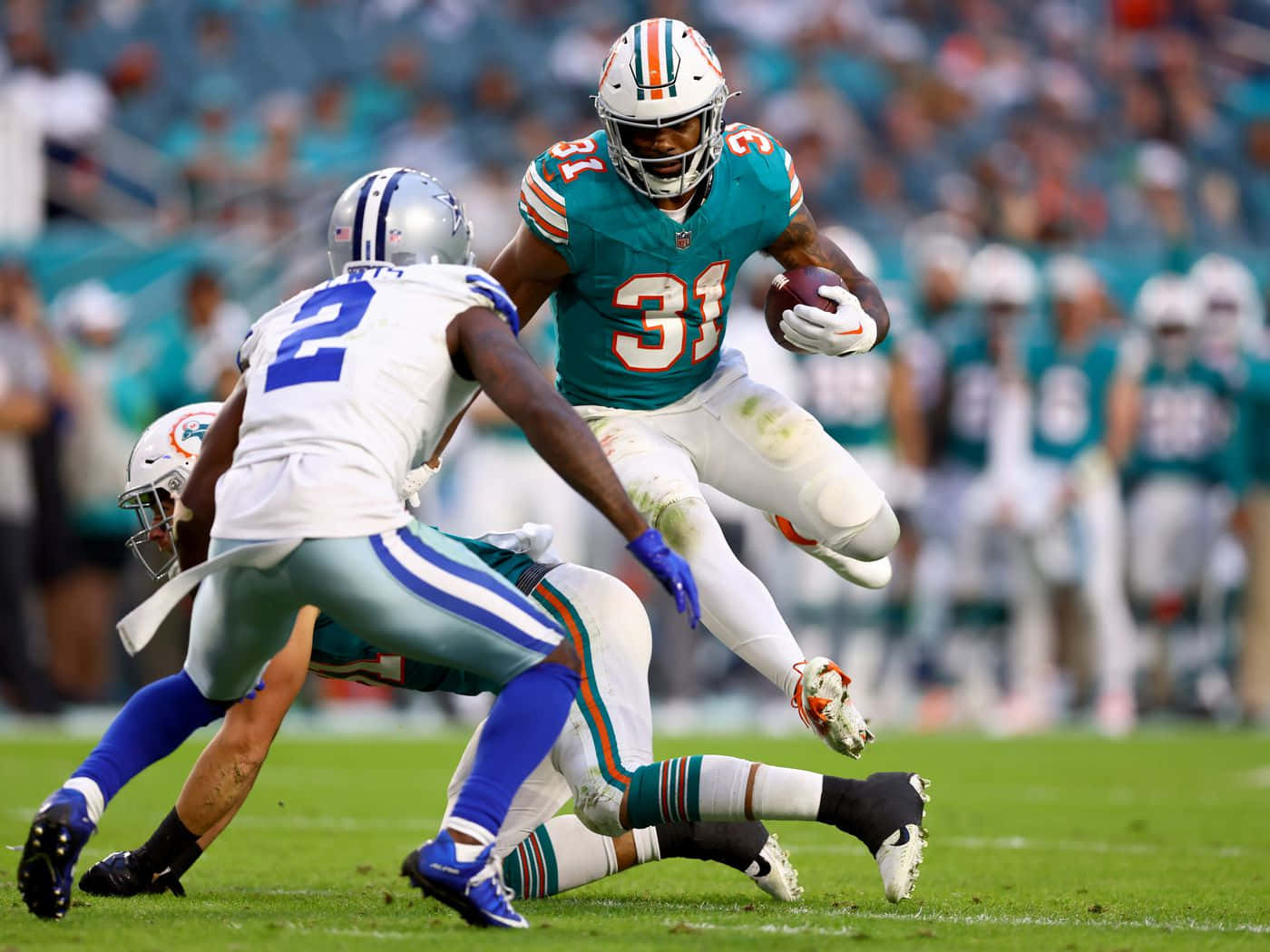  壁紙 — 邁阿密海豚隊跑衛31號在充滿活力的NFL美式足球比賽中跳過達拉斯牛仔隊的防守球員。