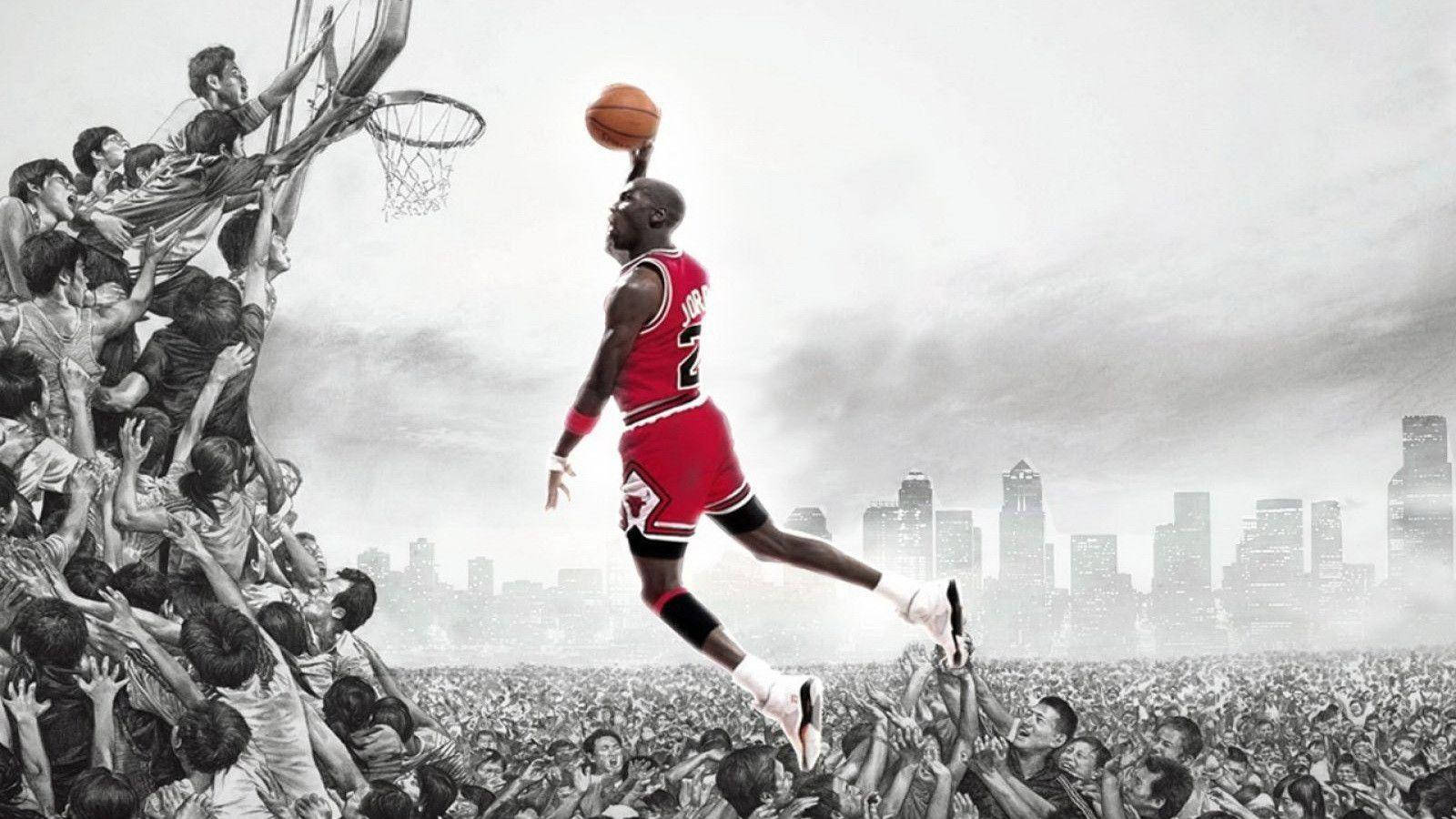 麥可喬丹空中灌籃越過人群與城市天際線 — Air Jordan 壁紙
