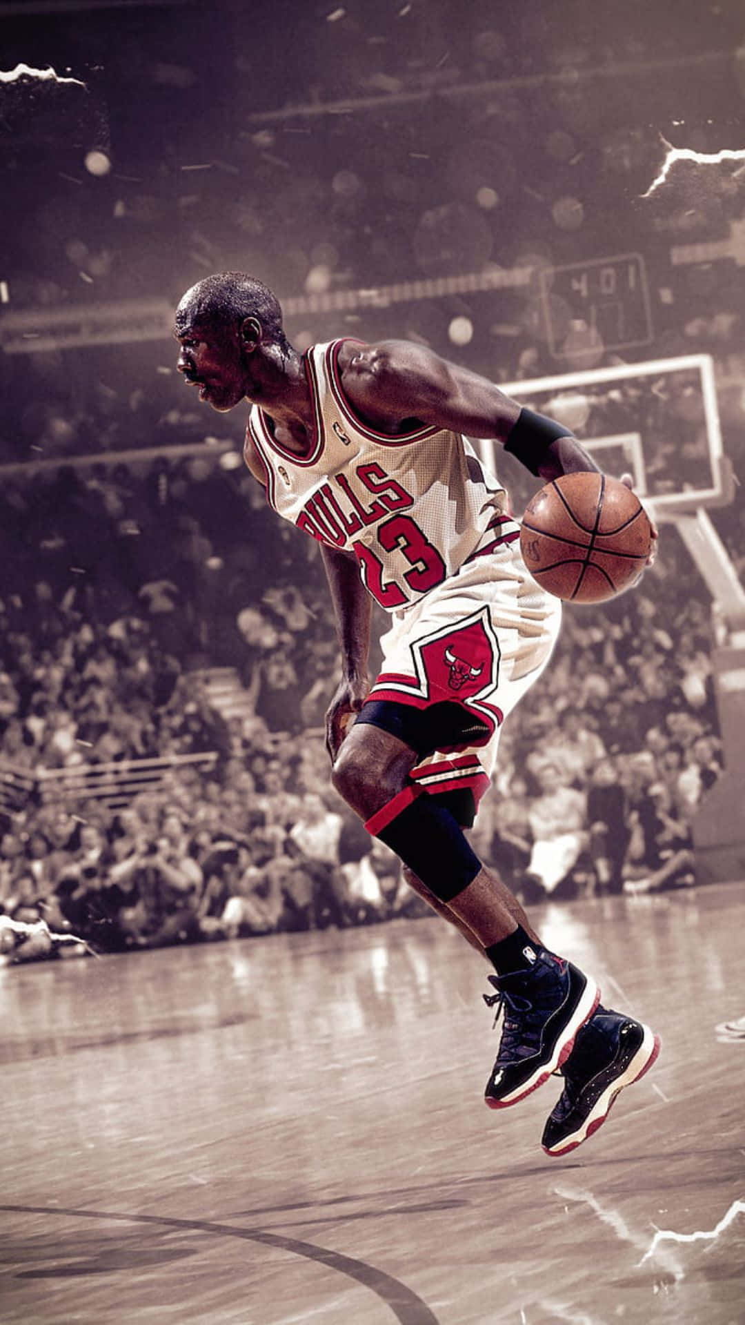 麥可喬丹在比賽期間於半空中運球。 — Jordan Logo 壁紙