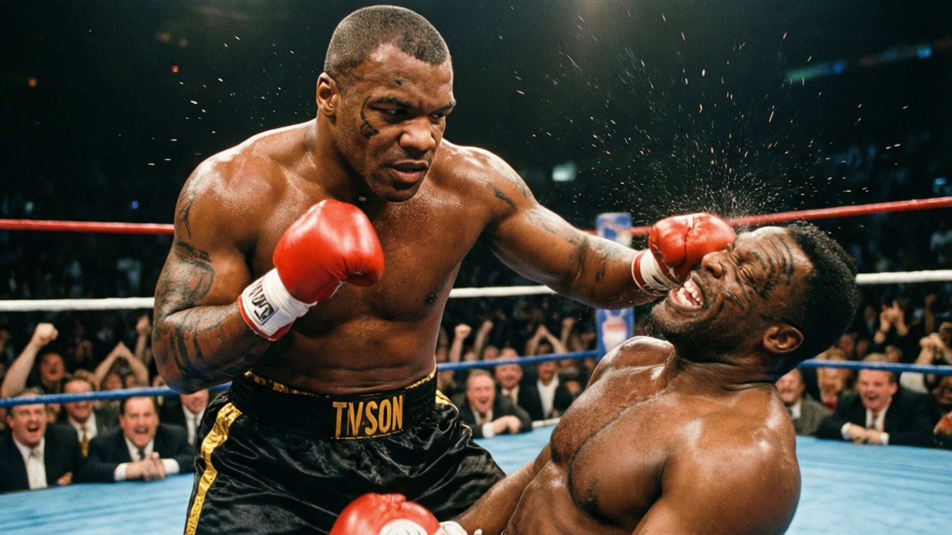Knockout Blow 壁紙 — 麥克·泰森在燈光明亮的拳擊場中向對手發出強力一拳，興奮的觀眾在觀看。