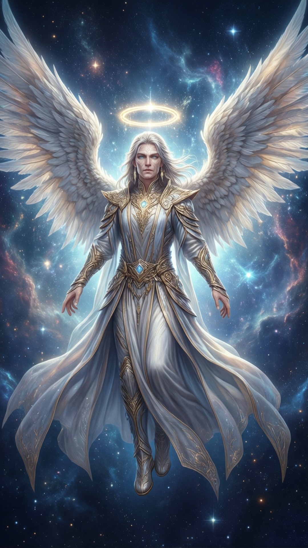 Celestial Angel 壁紙 — 一位莊嚴的天使，擁有寬闊的白色翅膀和耀眼的光環，在充滿活力的宇宙星雲背景下寧靜地漂浮。