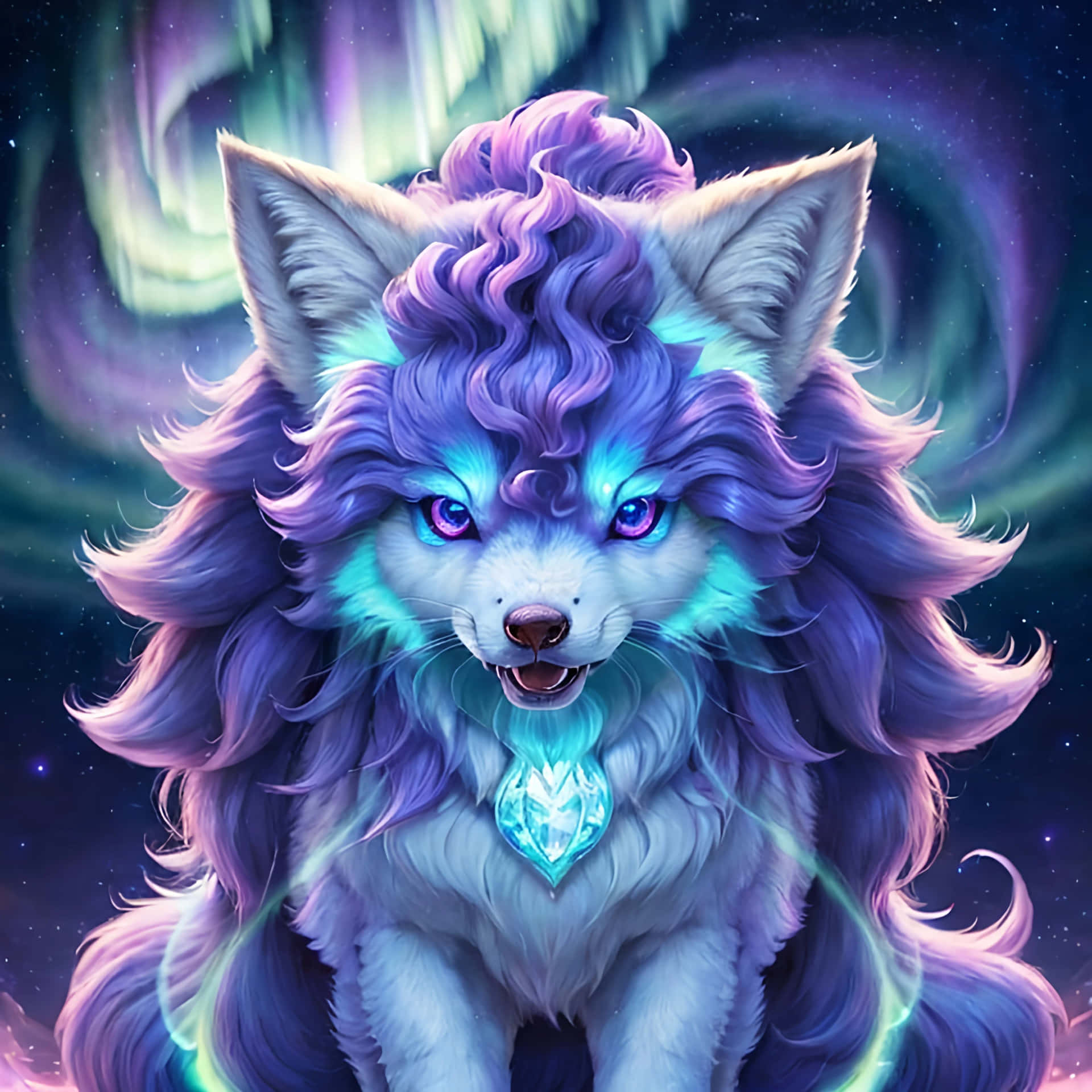  壁紙 — 一隻雄偉的動漫狼，擁有發光的紫色毛皮和眼睛，站在宇宙極光背景下，佩戴著閃耀的水晶吊墜。
