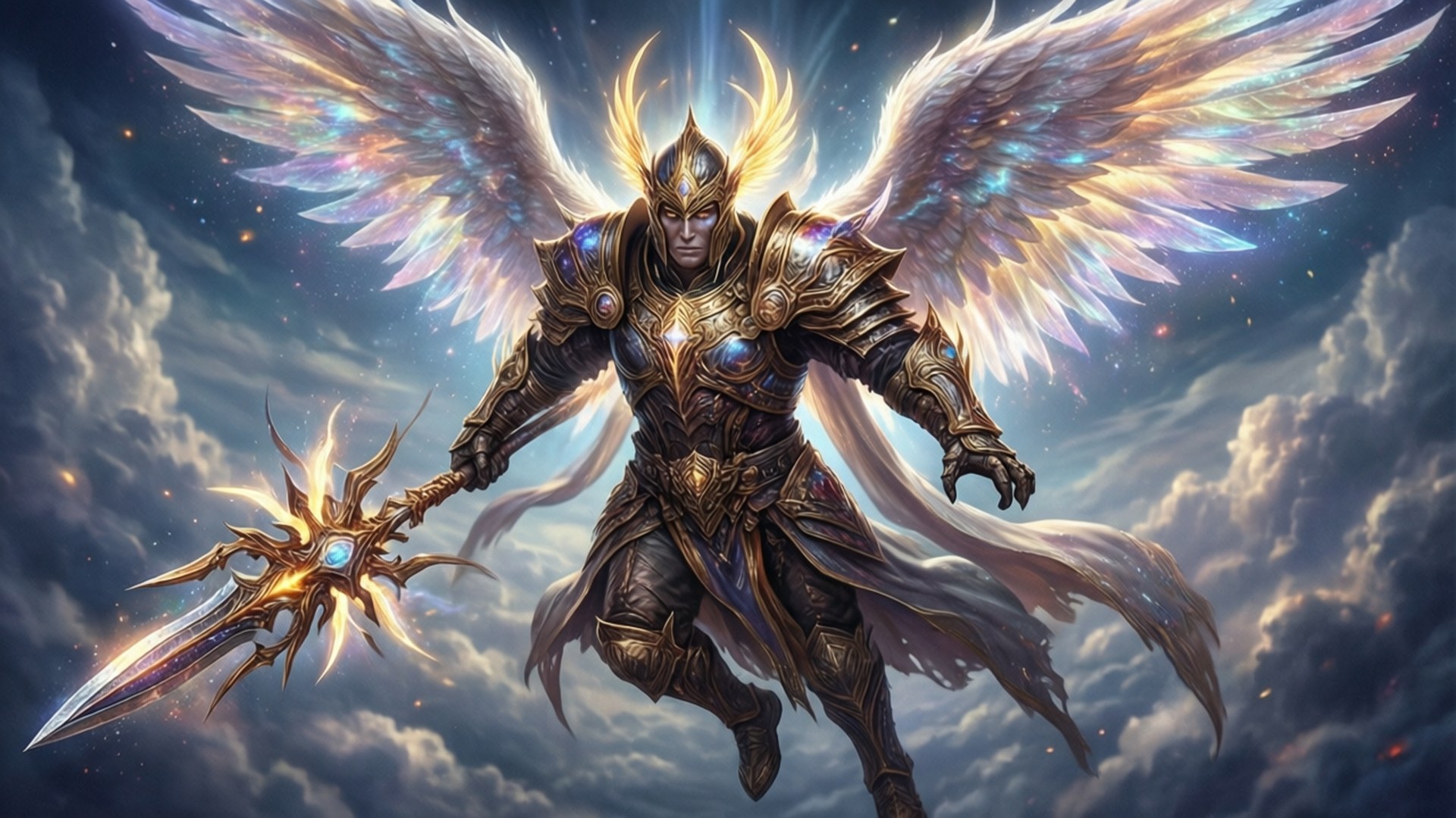 Imperius Valor's Spear 壁紙 — 一位威嚴的裝甲天使，擁有閃耀的翅膀和發光的劍，在星光閃爍的多雲天空中翱翔。