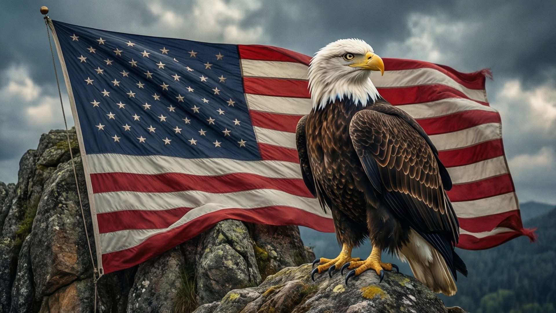 Eagle on Flag Cliff 壁紙 — 一隻雄偉的白頭鷹棲息在岩石懸崖上，背後有美國國旗在暴風雨的天空下飄揚。