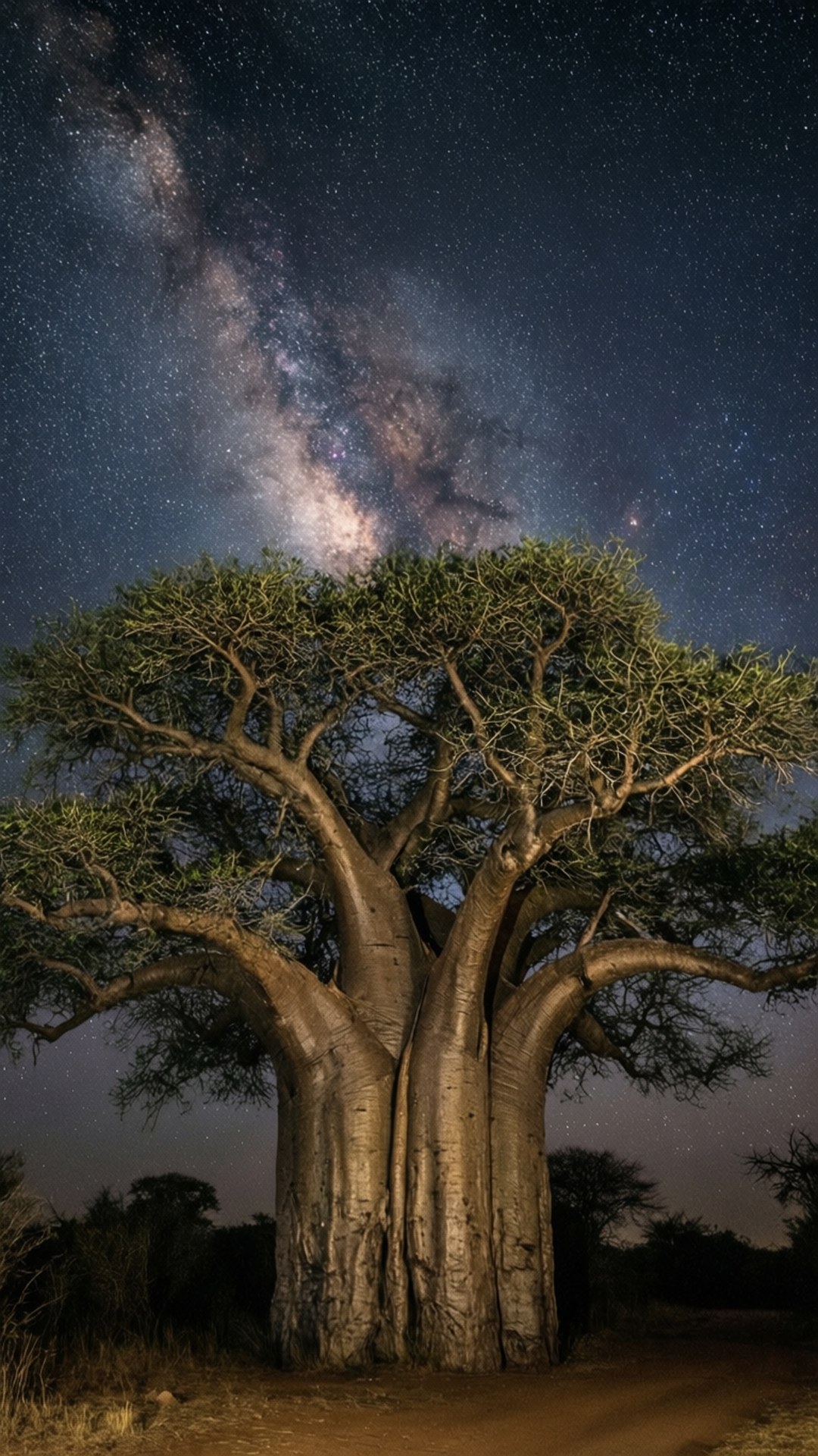 Baobab Stars 壁紙 — 一棵雄偉的猴麵包樹在燦爛的星空下呈現剪影，銀河拱橋般橫跨天際。