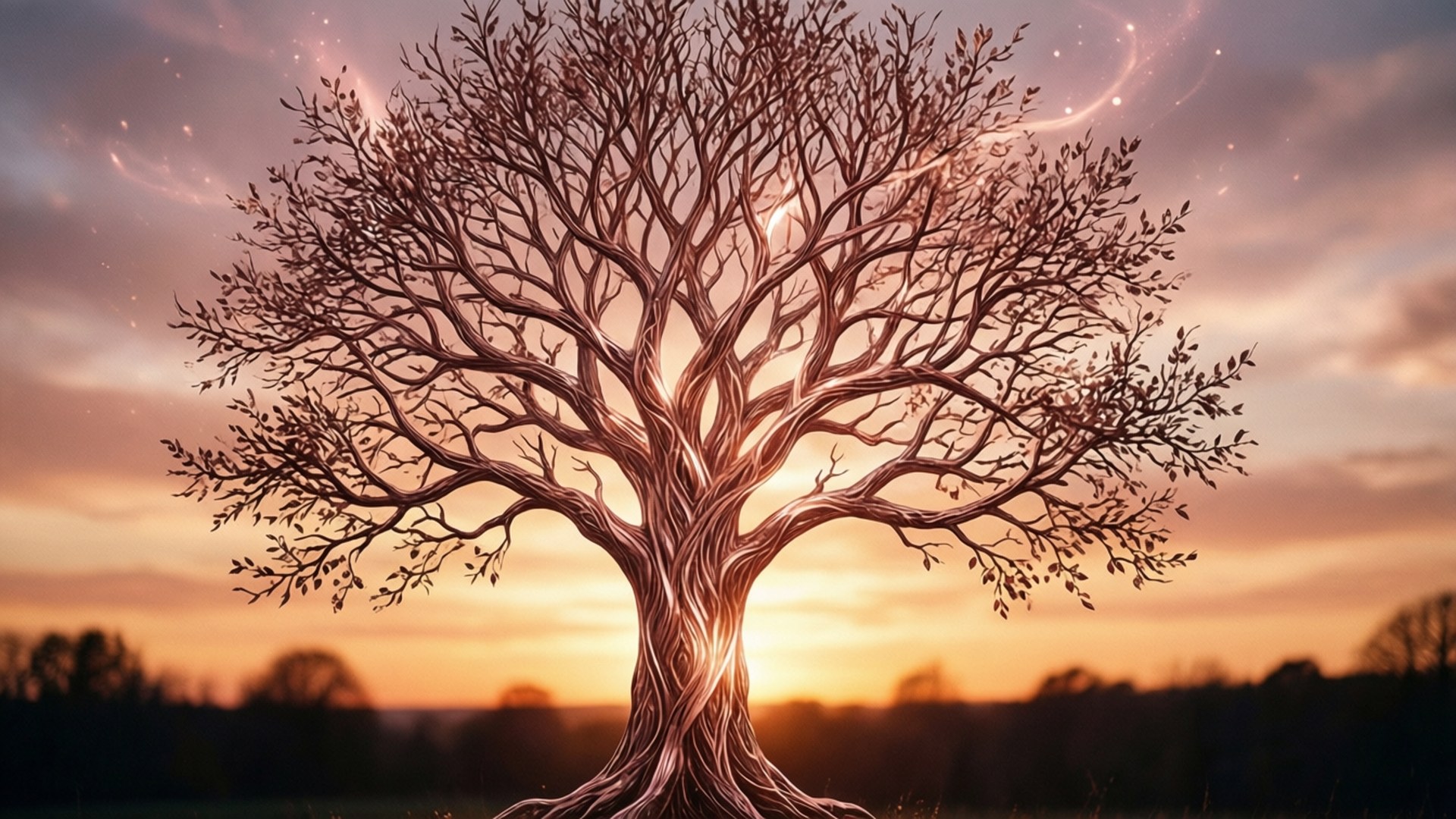 Rose Gold Tree Silhouette 壁紙 — 一棵雄偉的裸樹，樹枝錯綜複雜，在夕陽餘暉的天空中形成剪影，天空中有柔軟的雲朵和漂浮的光點。