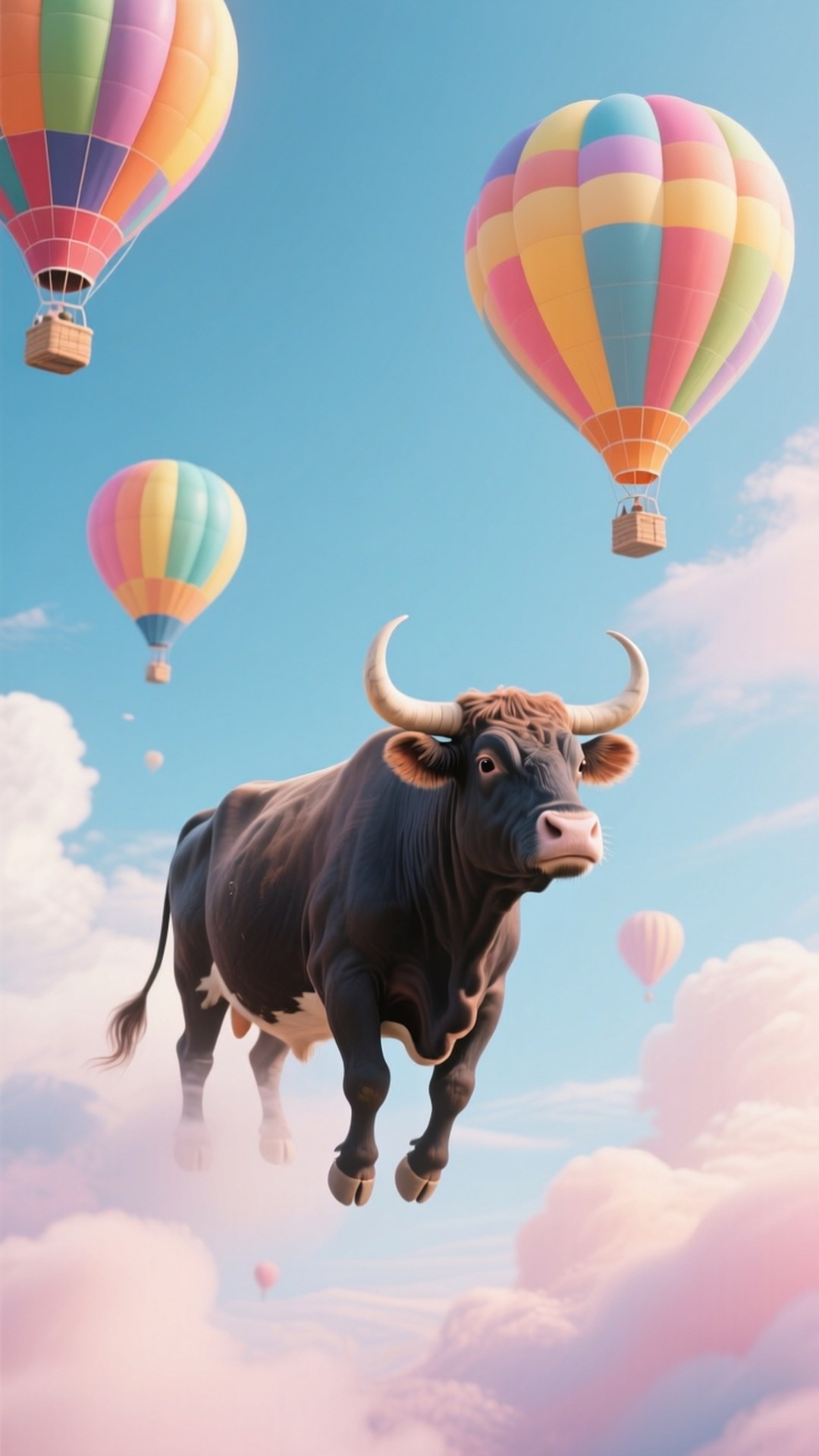 Floating Ox Dream 壁紙 — 一頭帶有彎曲角的雄偉黑牛在點綴著彩色熱氣球的粉彩天空中翱翔。